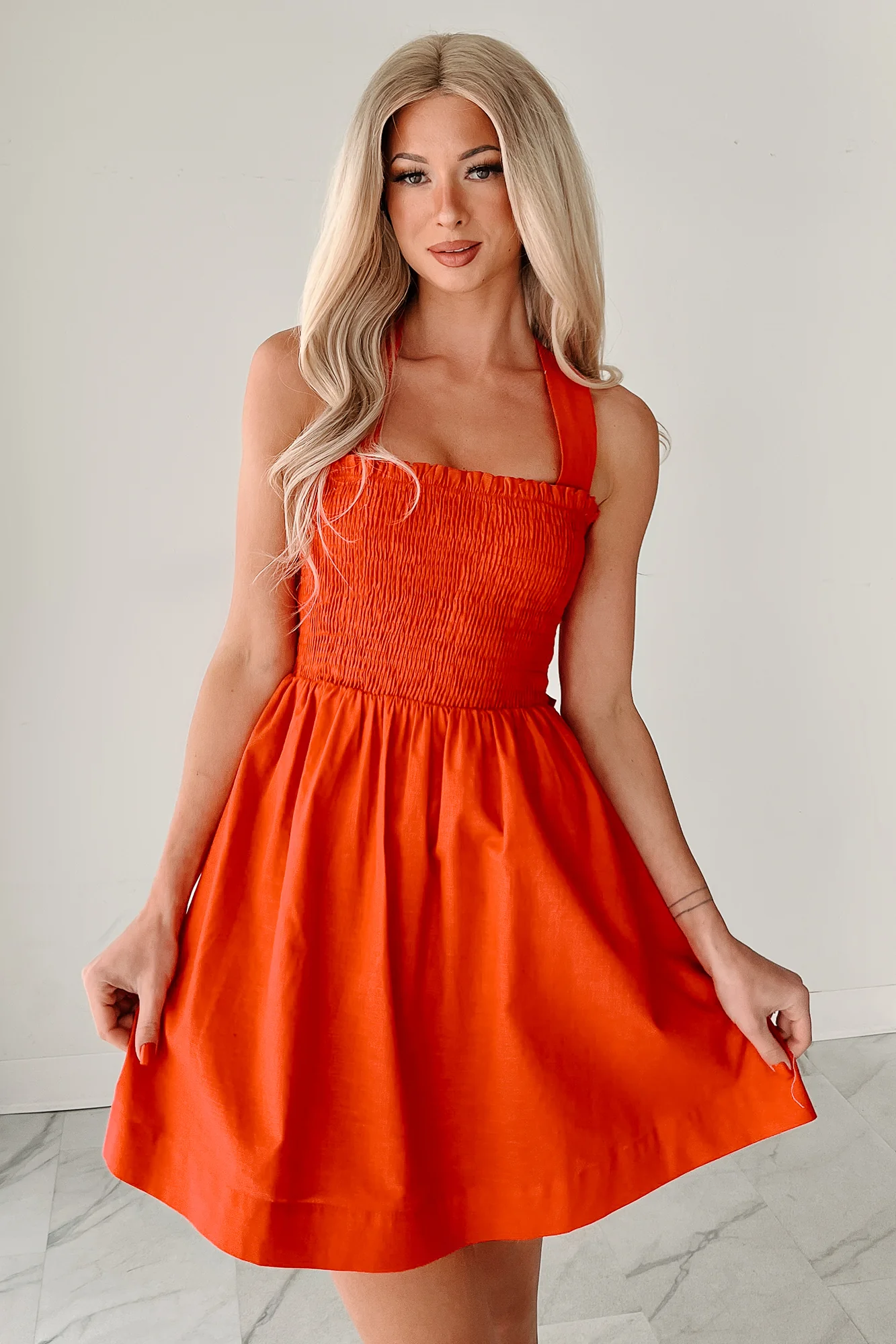 Across The Room Smocked Mini Tie Dress (Tomato) - Image 5