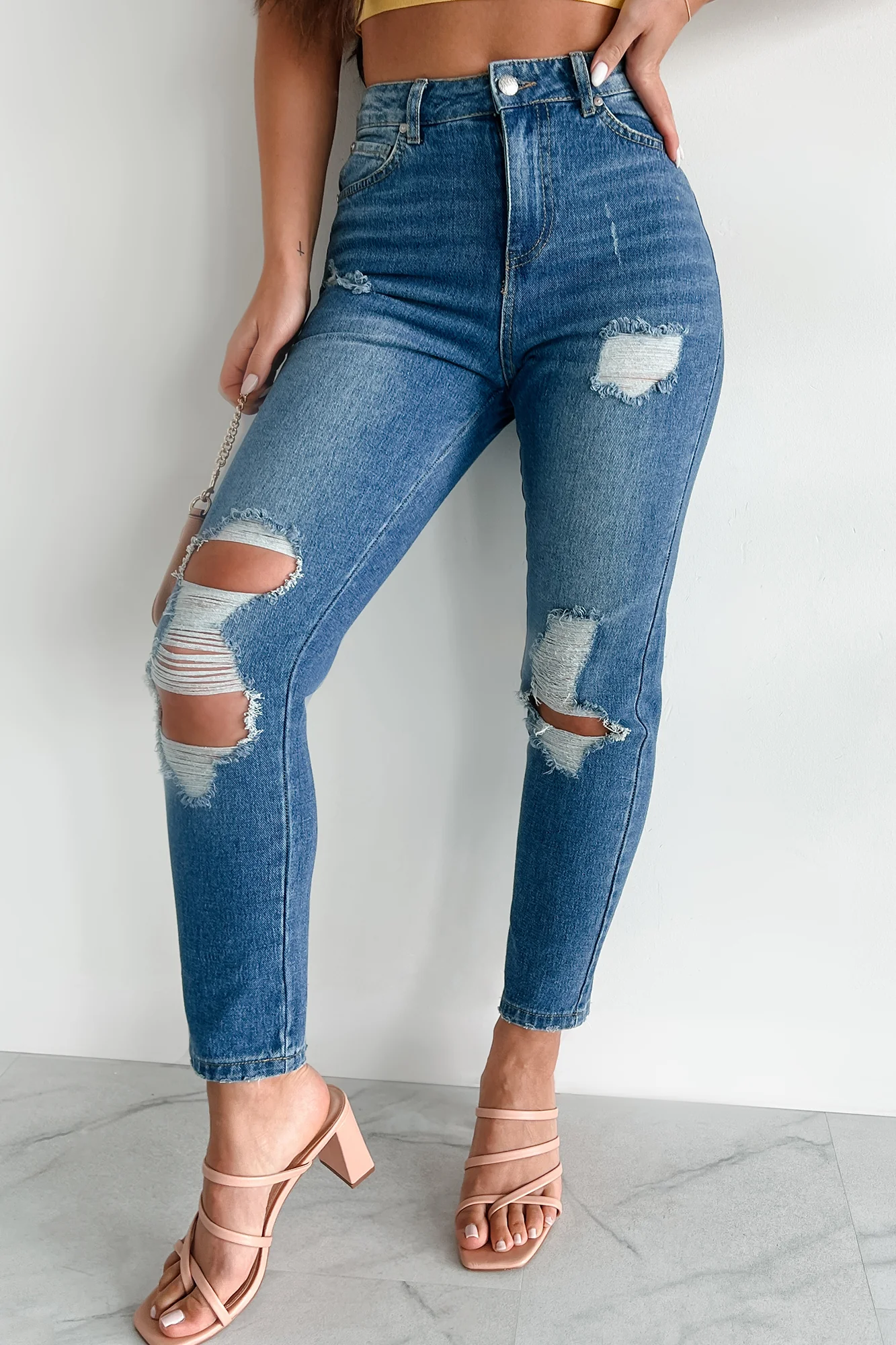 Ariah High Rise Distressed Mom Jeans (Medium Denim) - Image 2