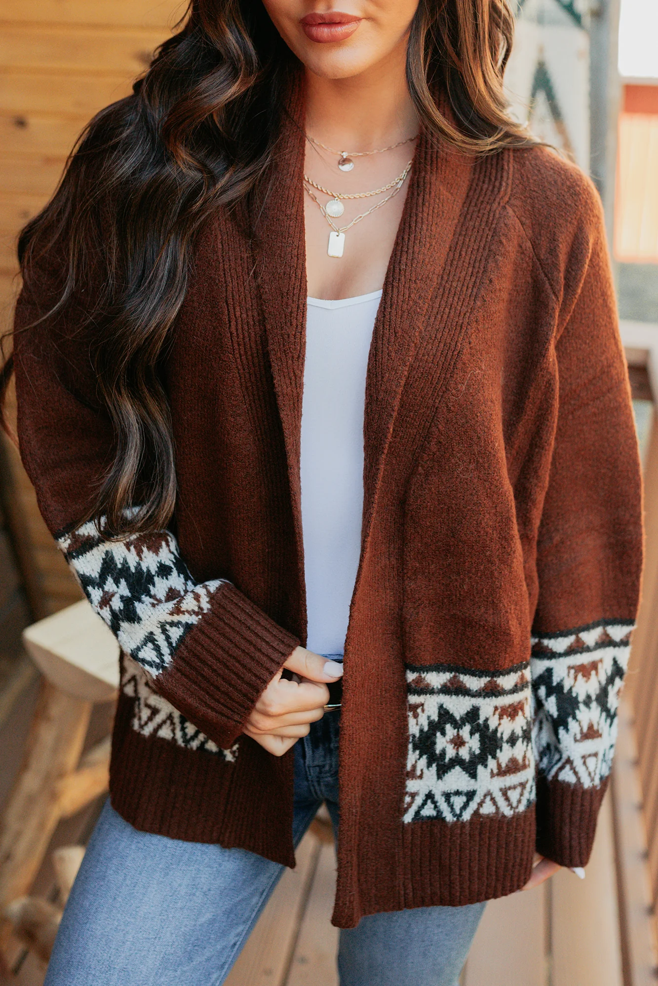 As It Goes Long Sleeve Aztec Cardigan (Dark Brown) - Image 2