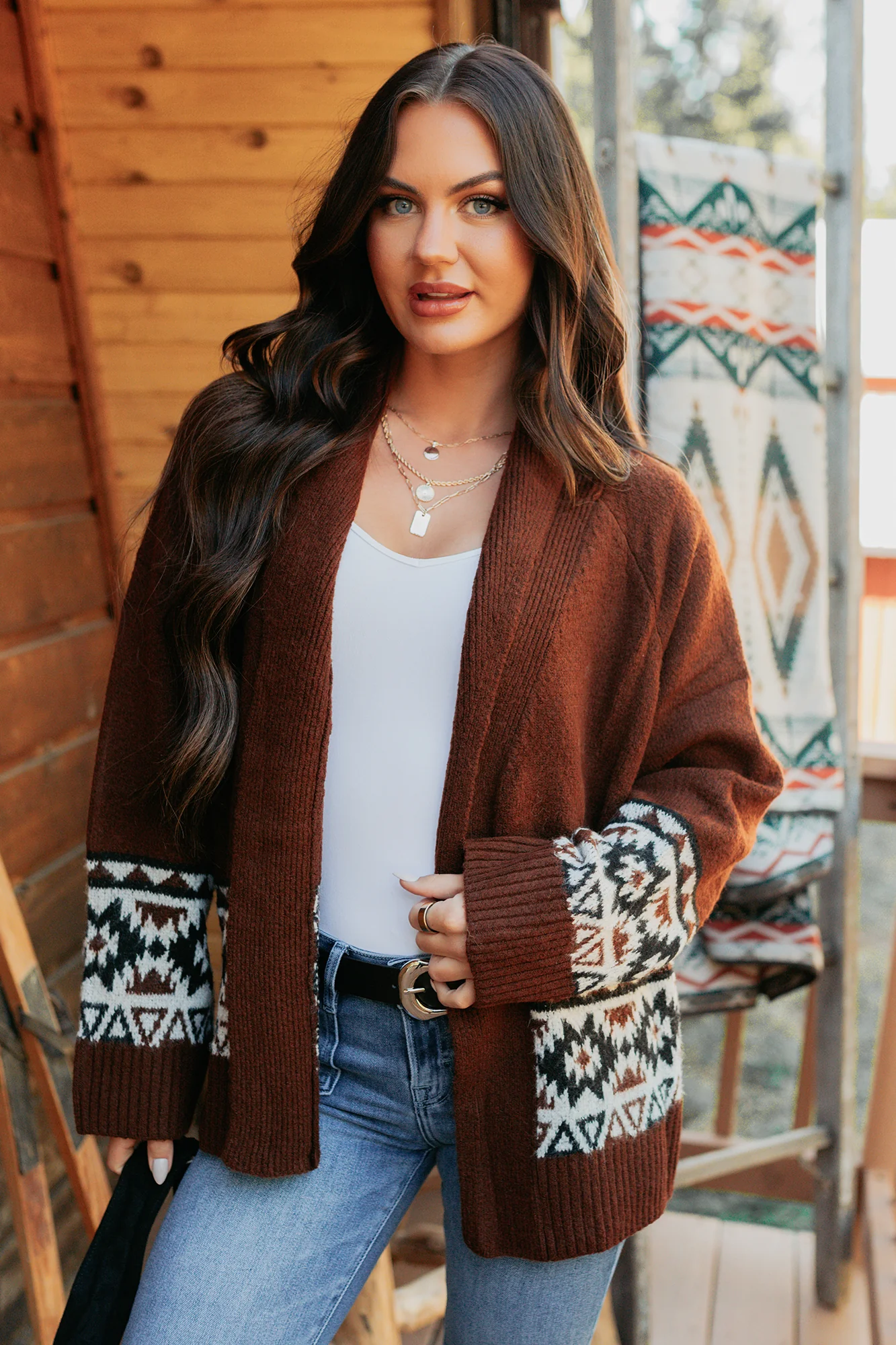 As It Goes Long Sleeve Aztec Cardigan (Dark Brown) - Image 3