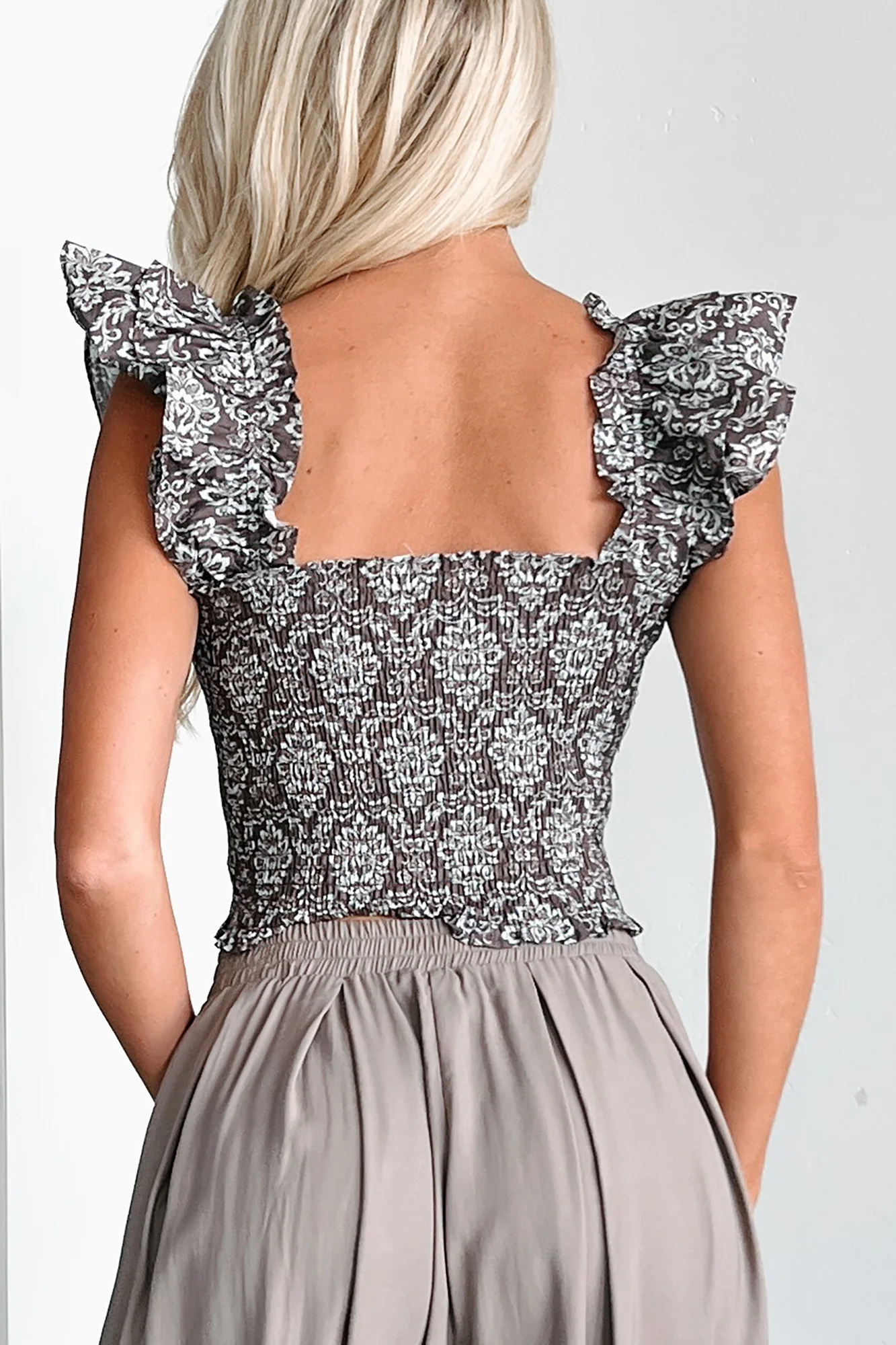 Big Attitude Smocked Ruffle Crop Top (Chocolate) - Image 5