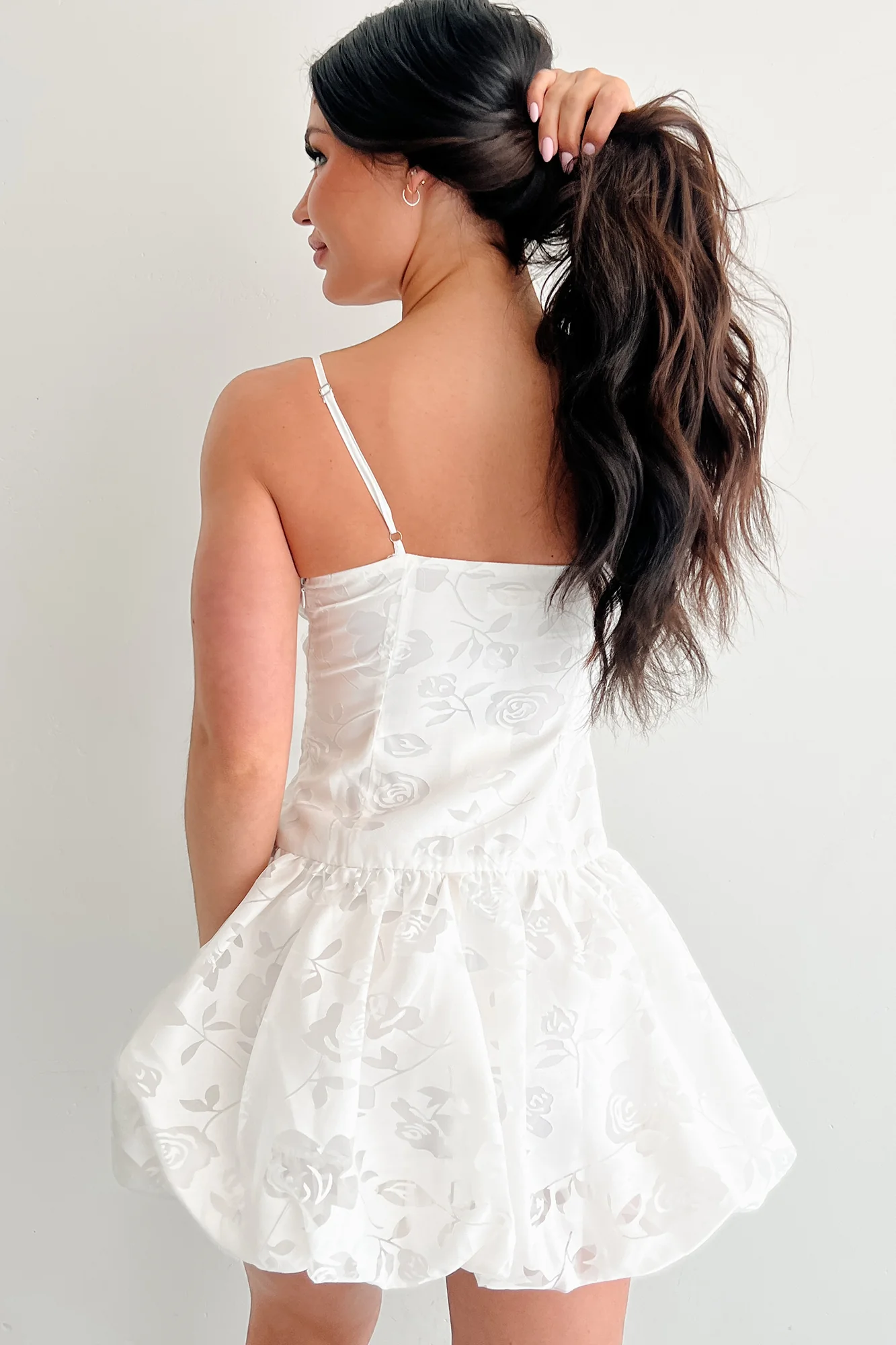 Bloom Brightly Floral Bubble Hem Mini Dress (White) - Image 4