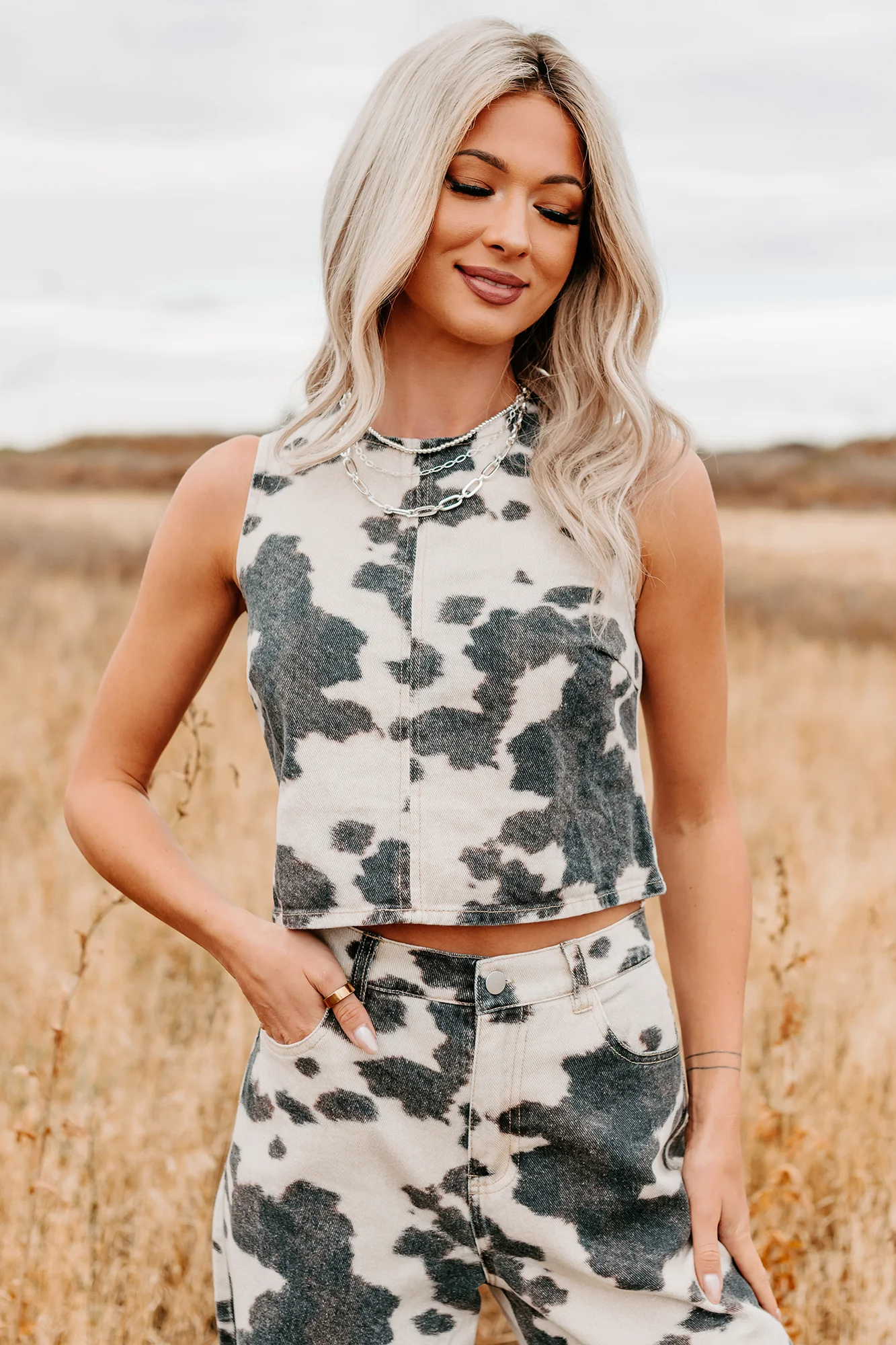 Blushin’ Boots Sleeveless Denim Cow Print Top (Brown) - Image 10