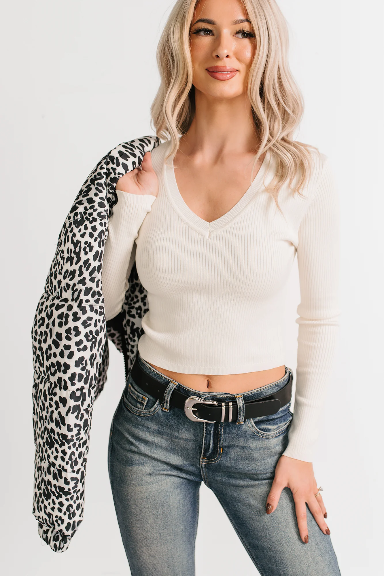 Born Sweet V Neck Ribbed Knit Top (Cream) - Image 3