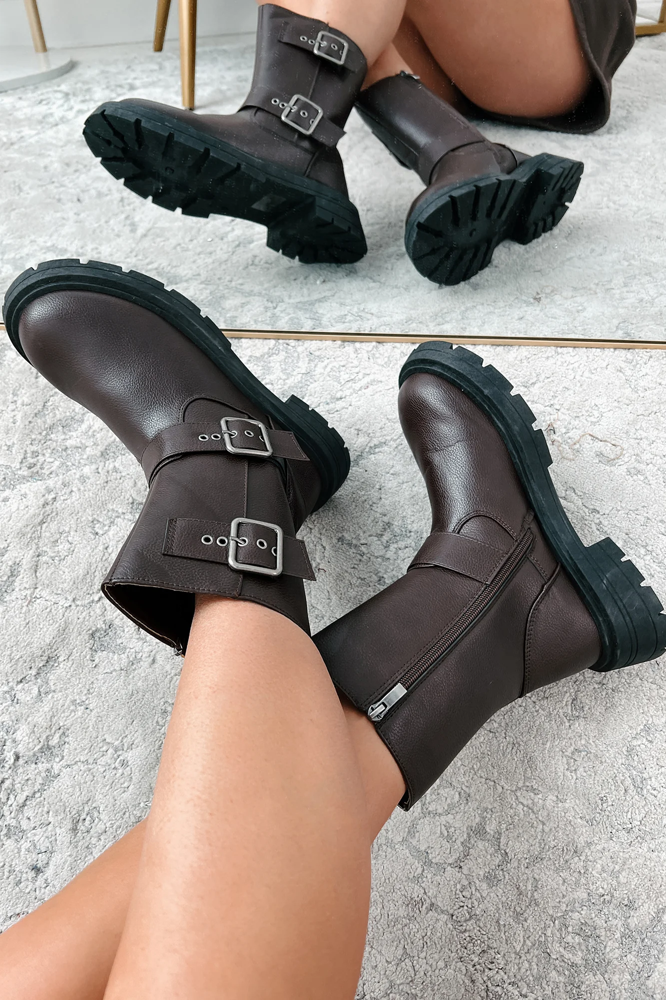Born To Ride Buckle Strap Biker Boots (Brown) - Image 3