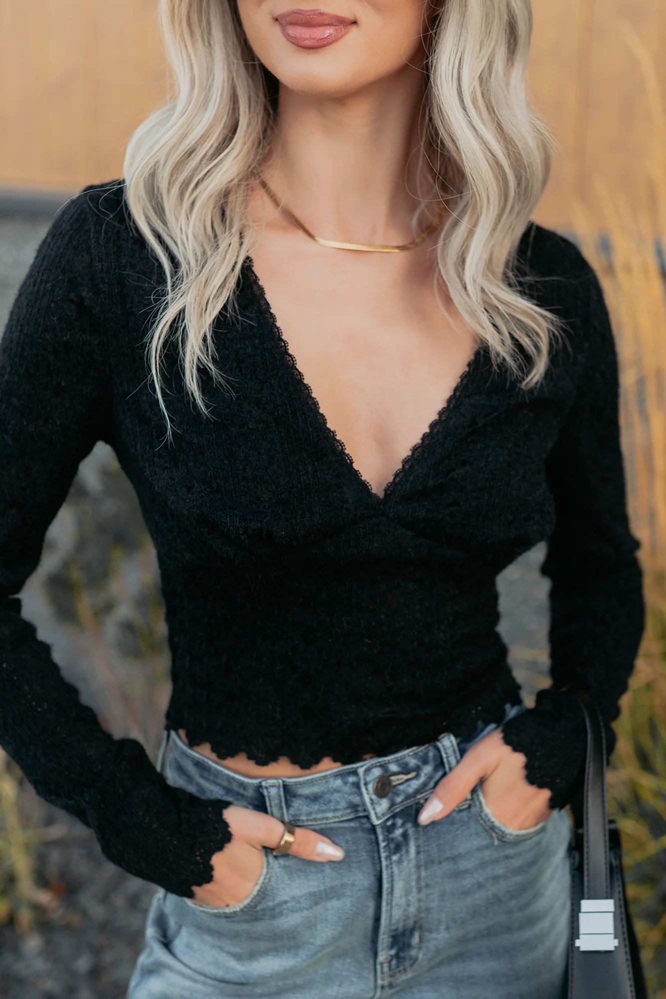 Born Untamed Long Sleeve V Neck Lace Top (Black) - Image 4