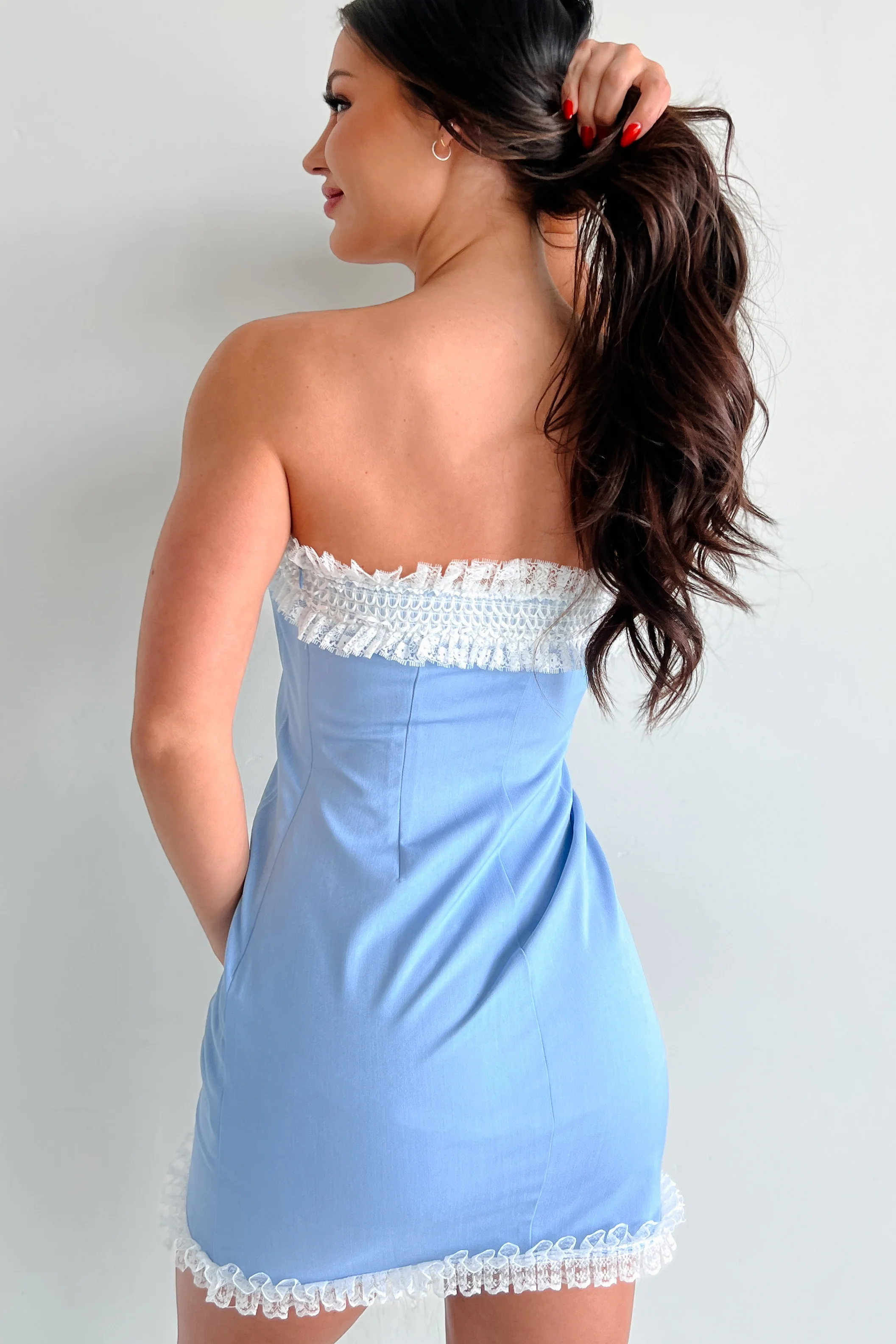 Breaking Hearts Strapless Lace Trim Mini Dress (Light Blue) - Image 4