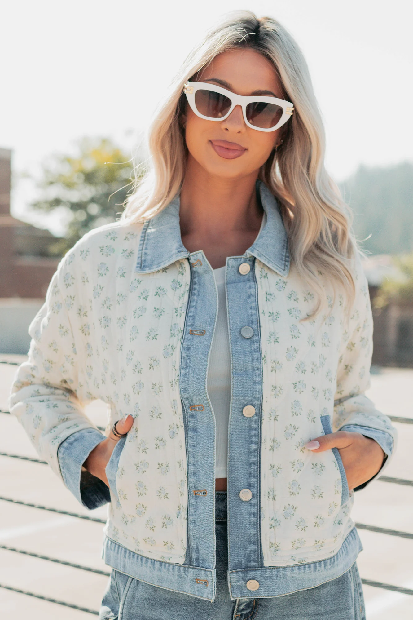 Breezy Mood Floral Quilted Denim Jacket (Ivory/Blue) - Image 6