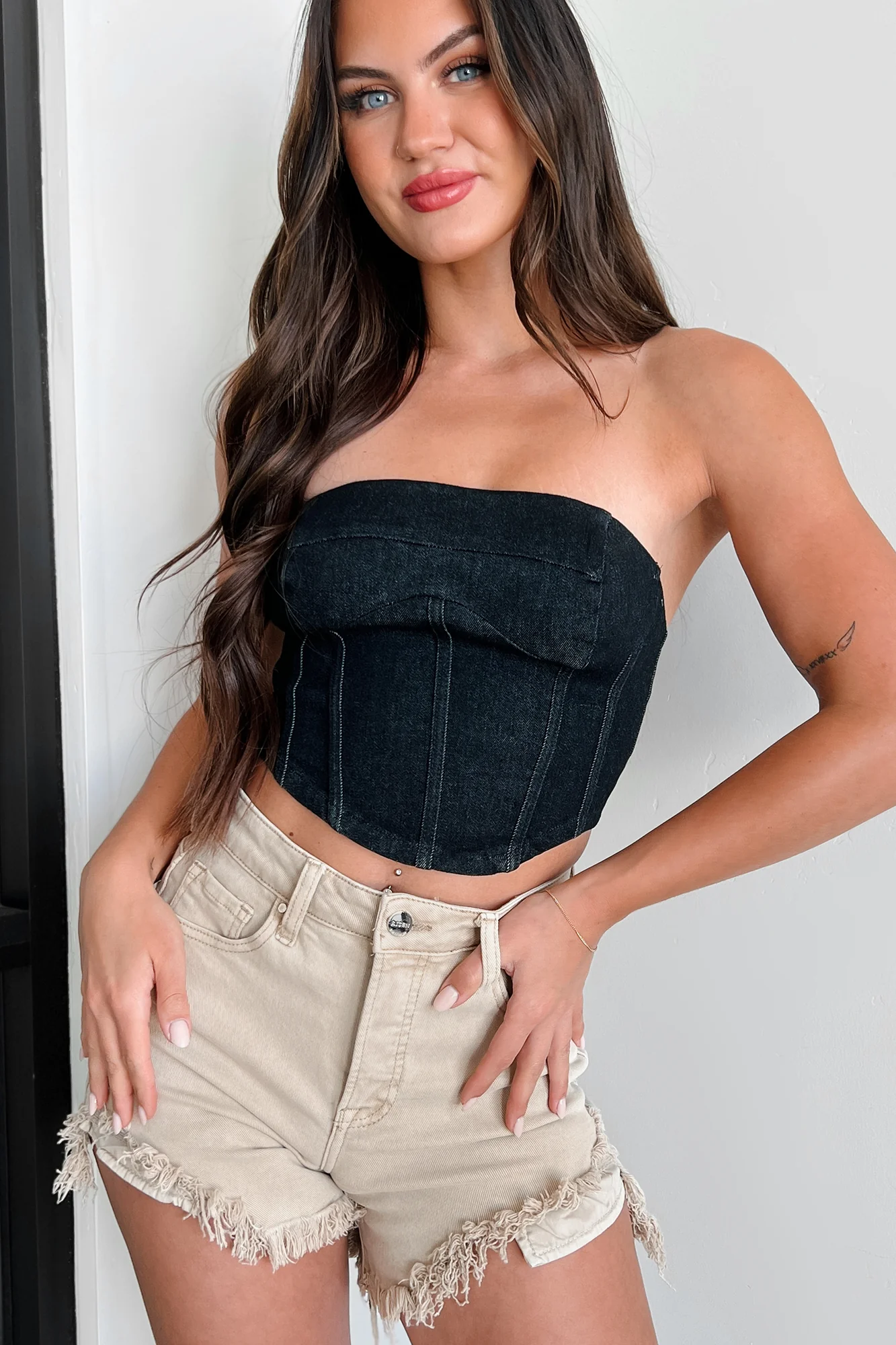 Burned Bridges Strapless Denim Crop Top (Black) - Image 2