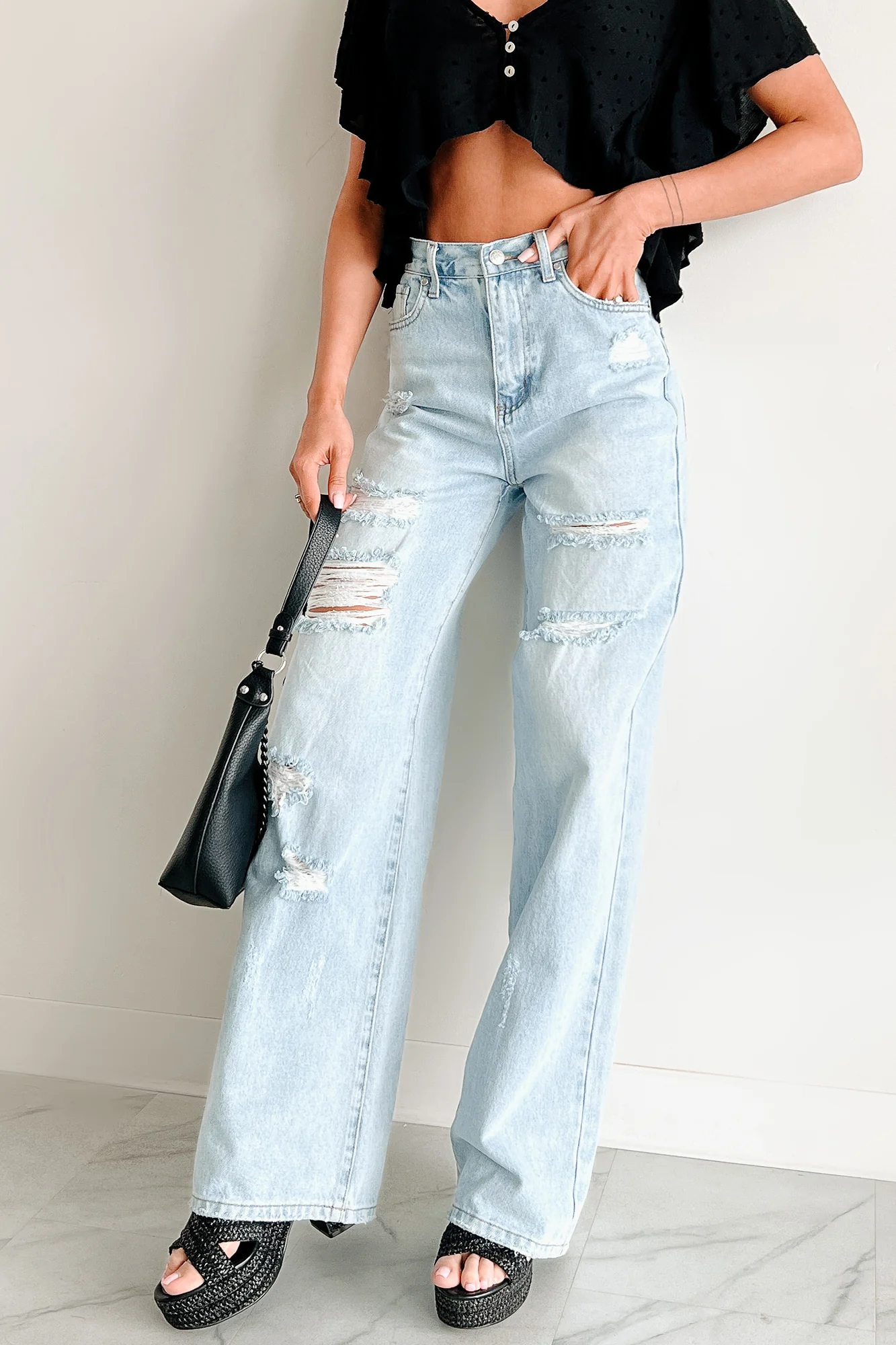 Callahan High Rise Distressed Wide Leg Jeans (Light Stone) - Image 4