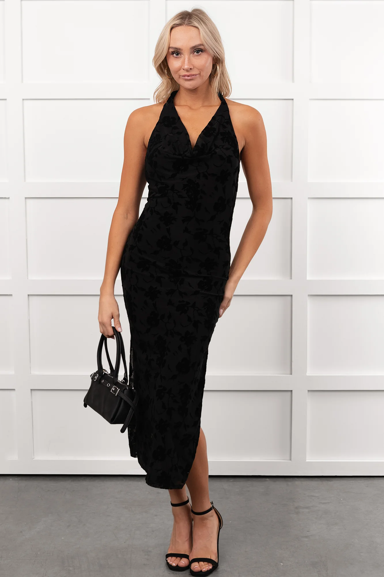 Champagne Mood Floral Halter Midi Dress (Black) - Image 3