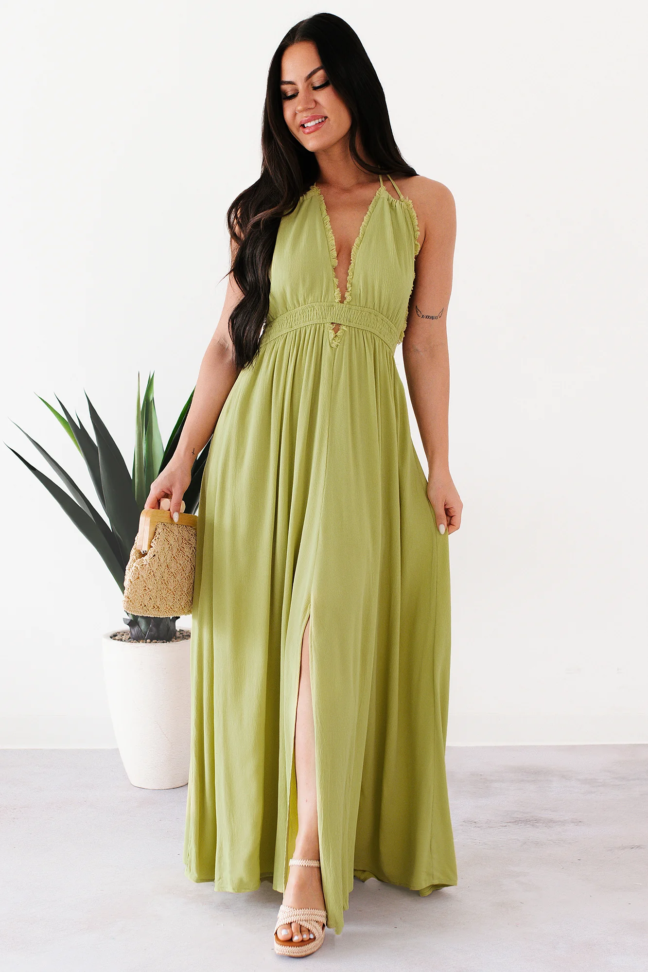Chasing Glances Halter Maxi Dress (Matcha)