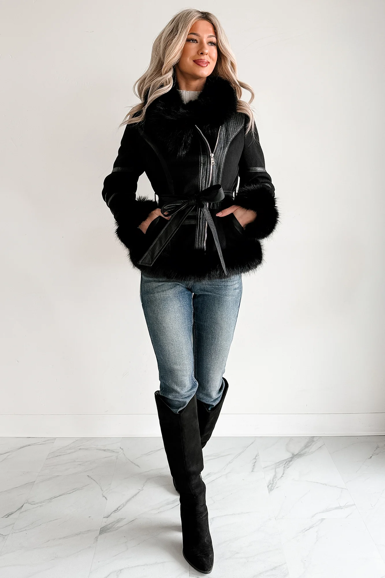 Chic Momentum Faux Fur Fleece Tie Coat (Black) - Image 8