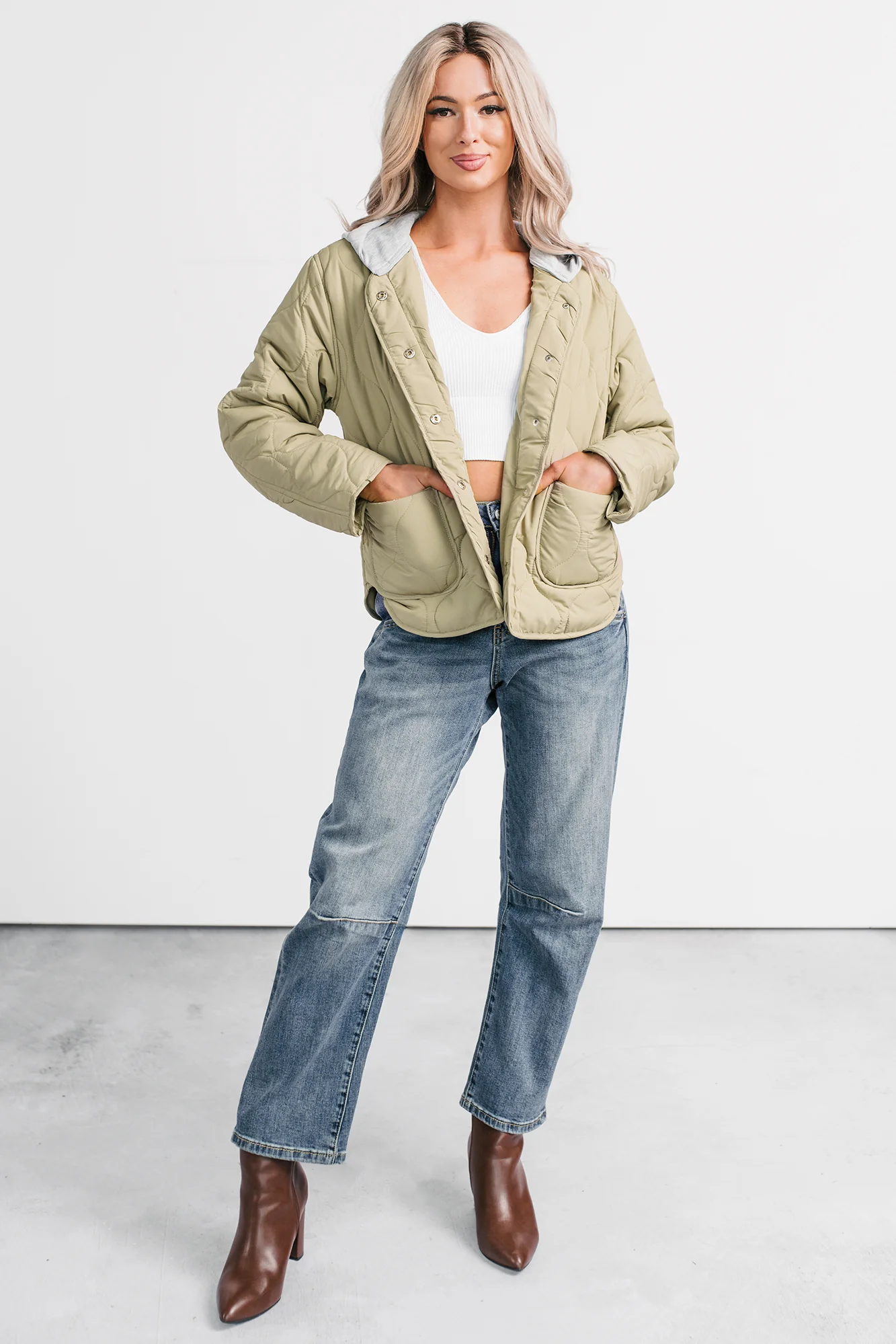 City Stitch Hooded Lightweight Quilted Jacket (Olive) - Image 2
