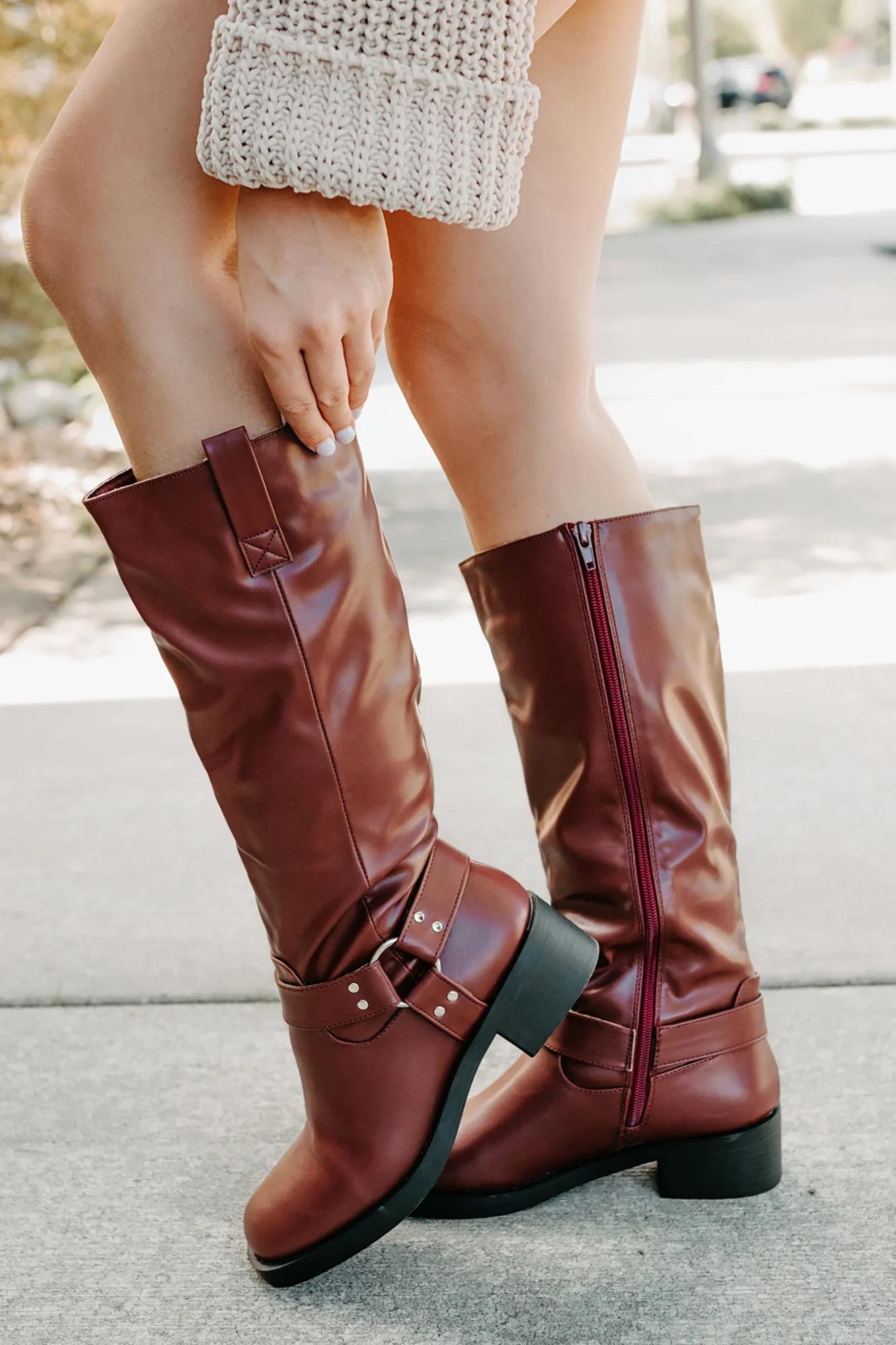 Clocking In Faux Leather Knee High Boots (Wine)