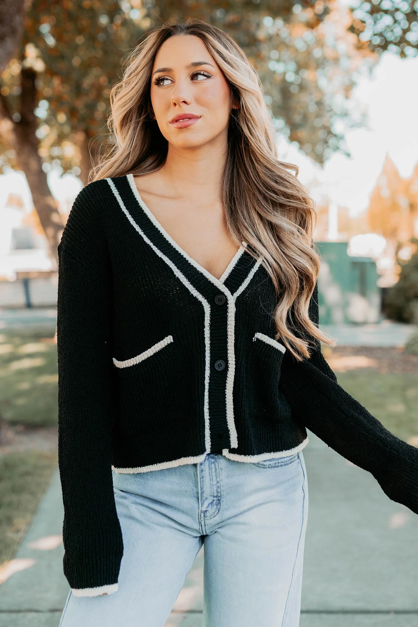 Comfort Current Contrast Button-Up Cardigan (Black) - Image 3