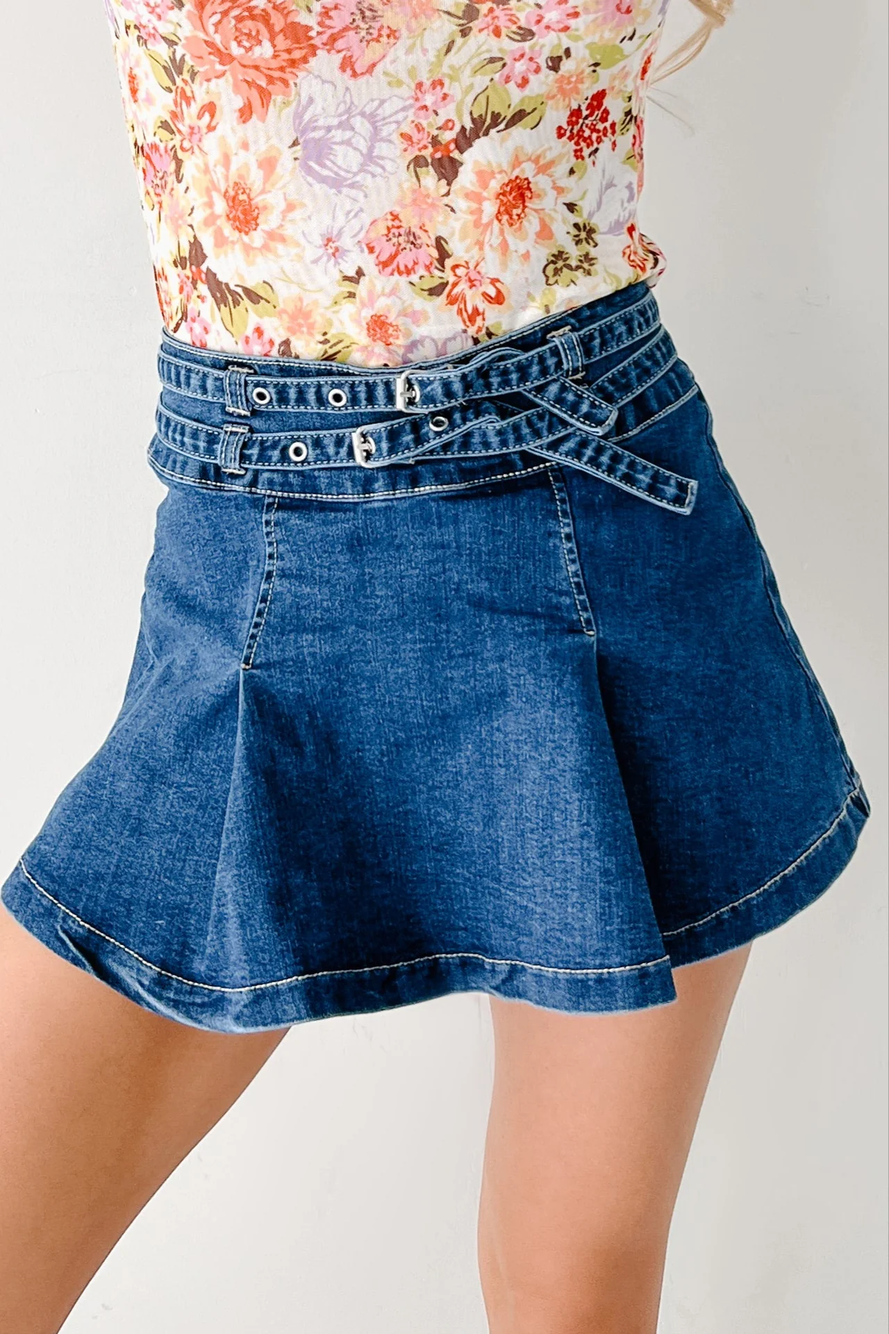 Cool, Calm & Collected Belted Denim Mini Skirt (Blue) - Image 2