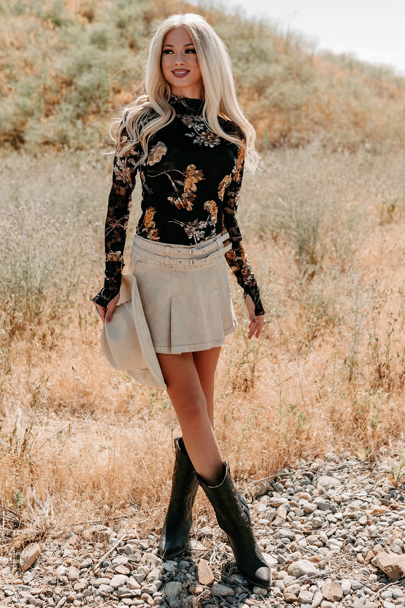 Cool, Calm & Collected Belted Denim Mini Skirt (Khaki) - Image 3