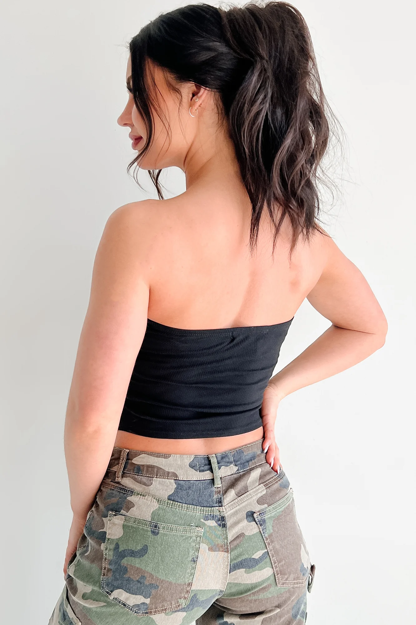 Count Me In Side Ruched Asymmetric Tube Top (Black) - Image 4