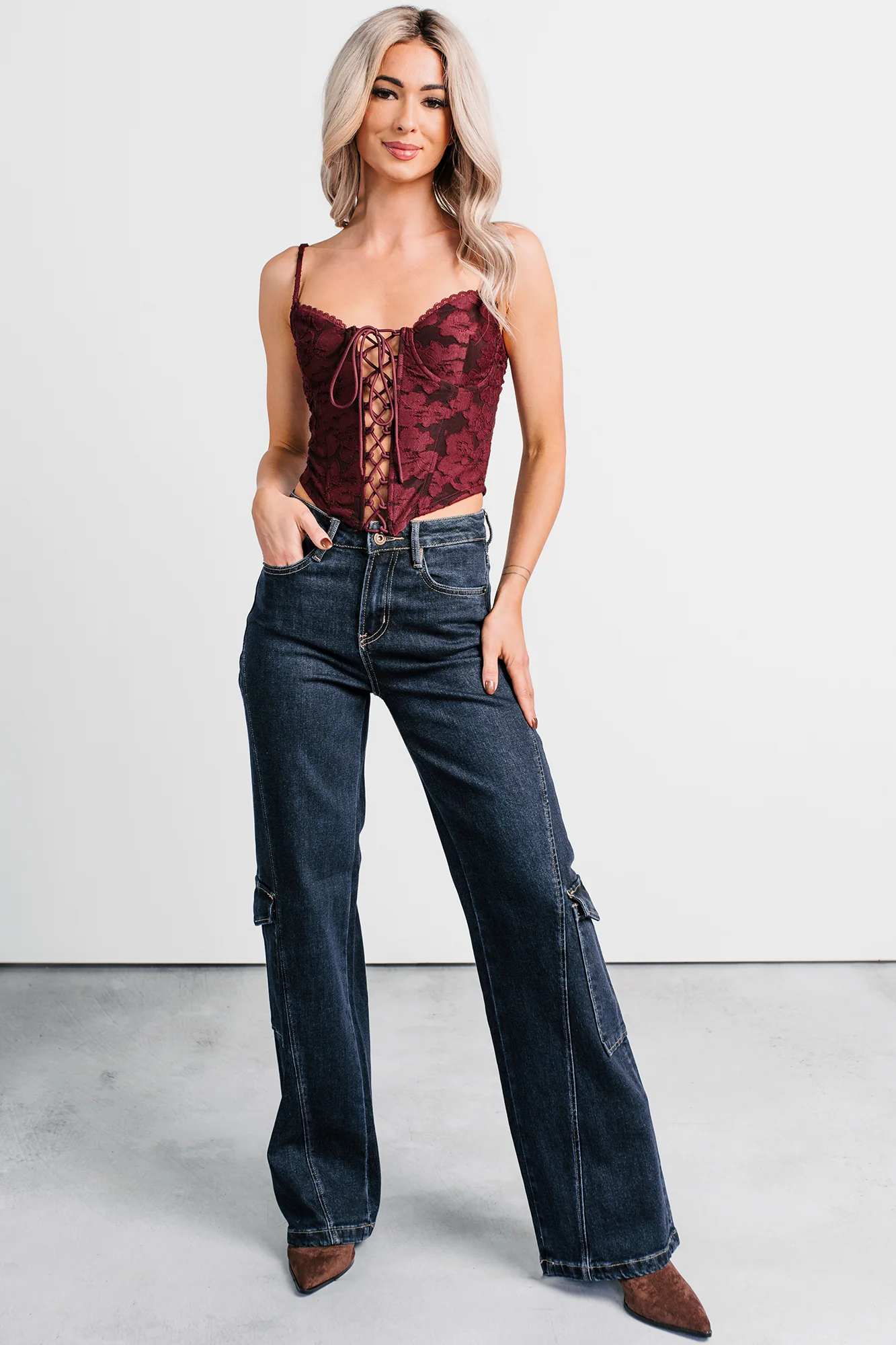 Crosby Wide Leg Mica Denim Cargo Jeans (Dark Wash) - Image 2