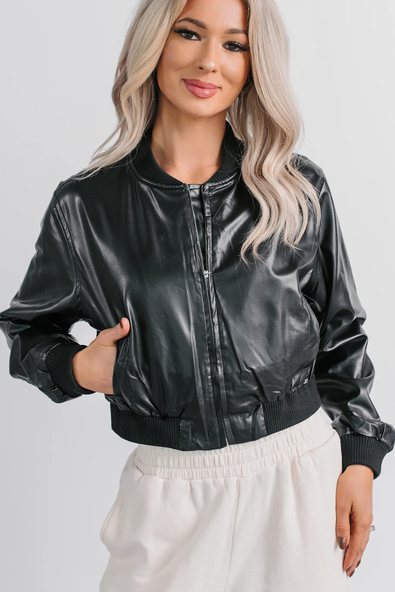Crown Moment Faux Leather Crop Jacket (Black) - Image 3