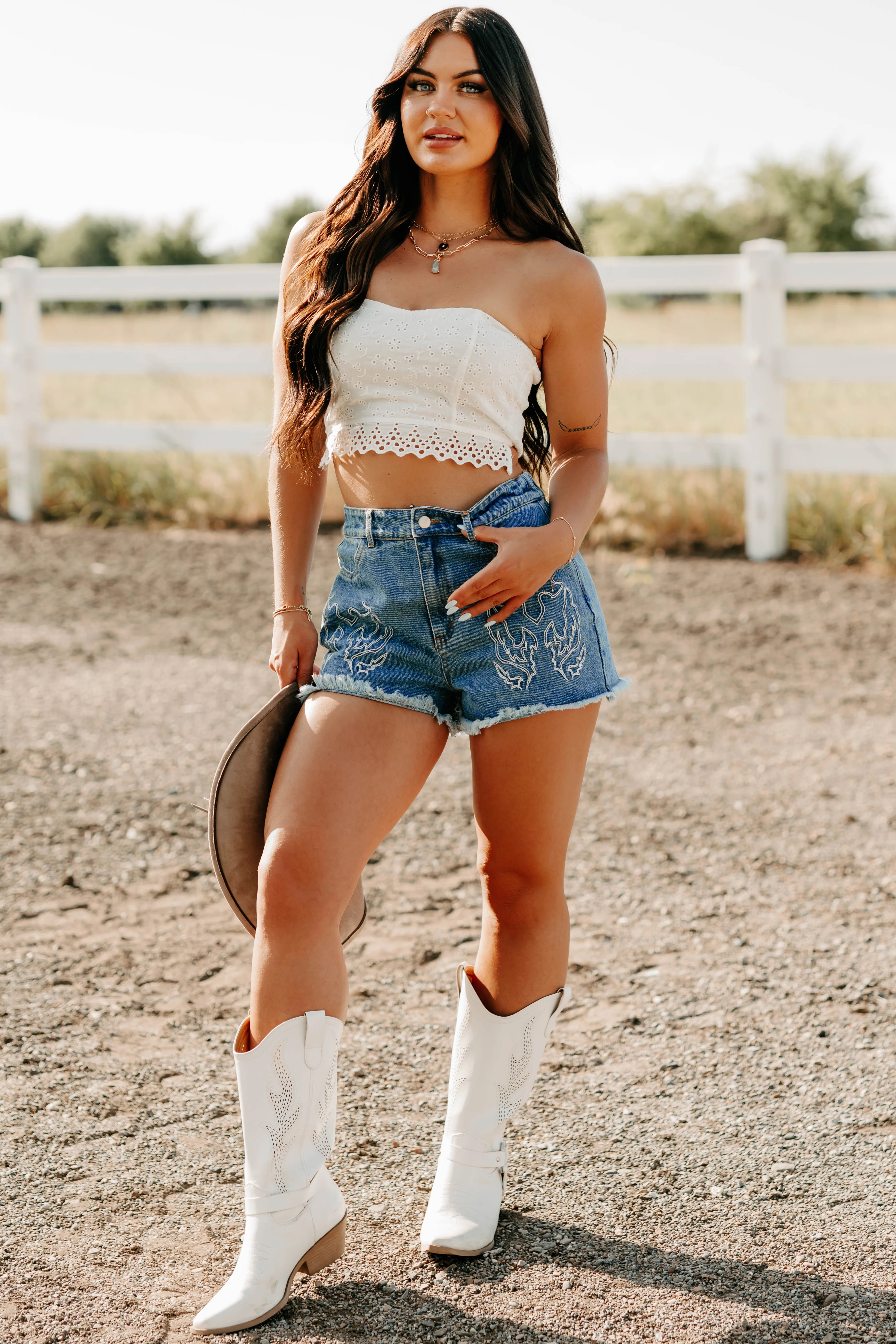 Crush Culture Crop Top Eyelet Skirt Set (White) - Image 7