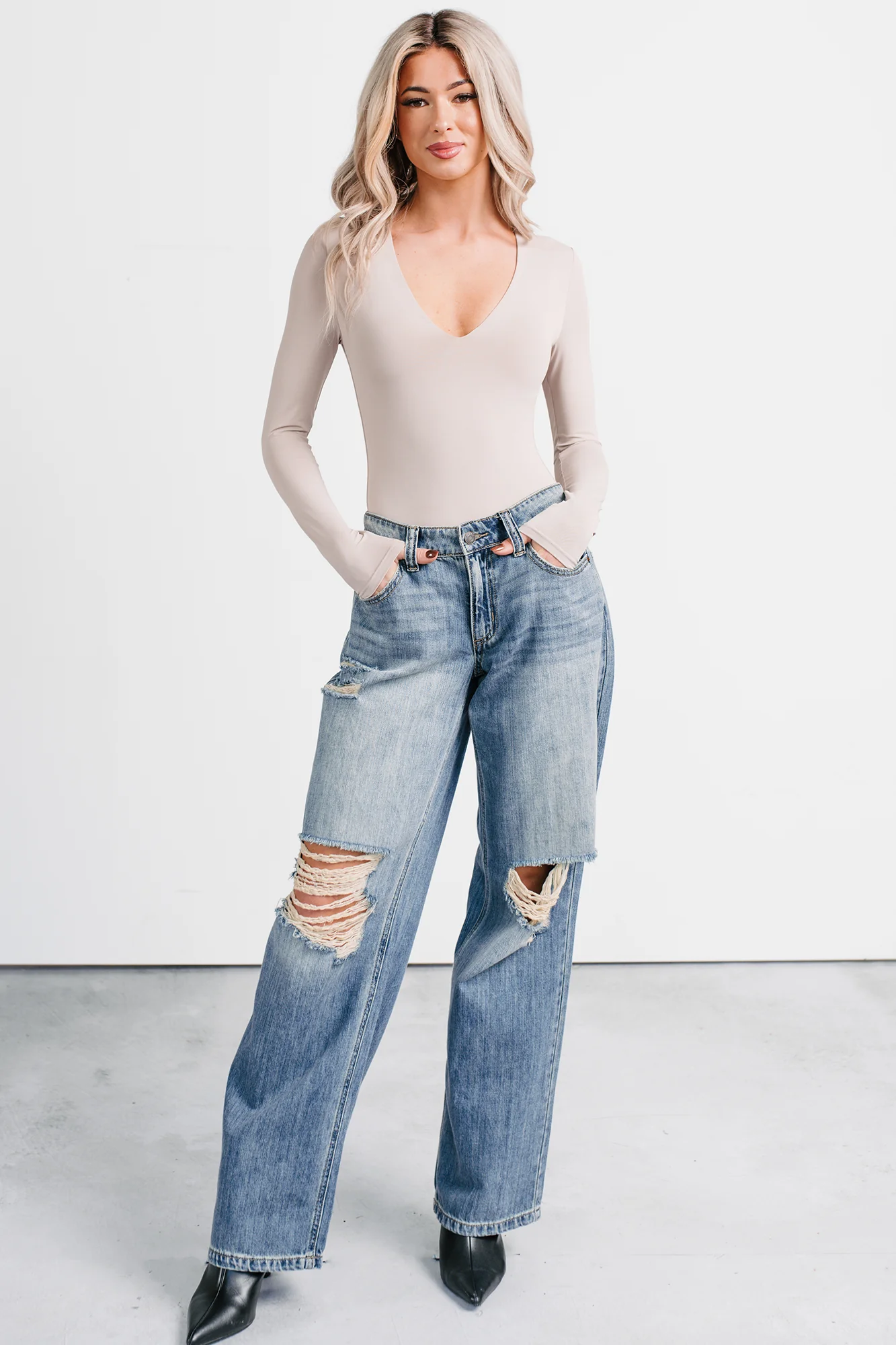 Daily Ease Long Sleeve V Neck Bodysuit (Light Taupe) - Image 8