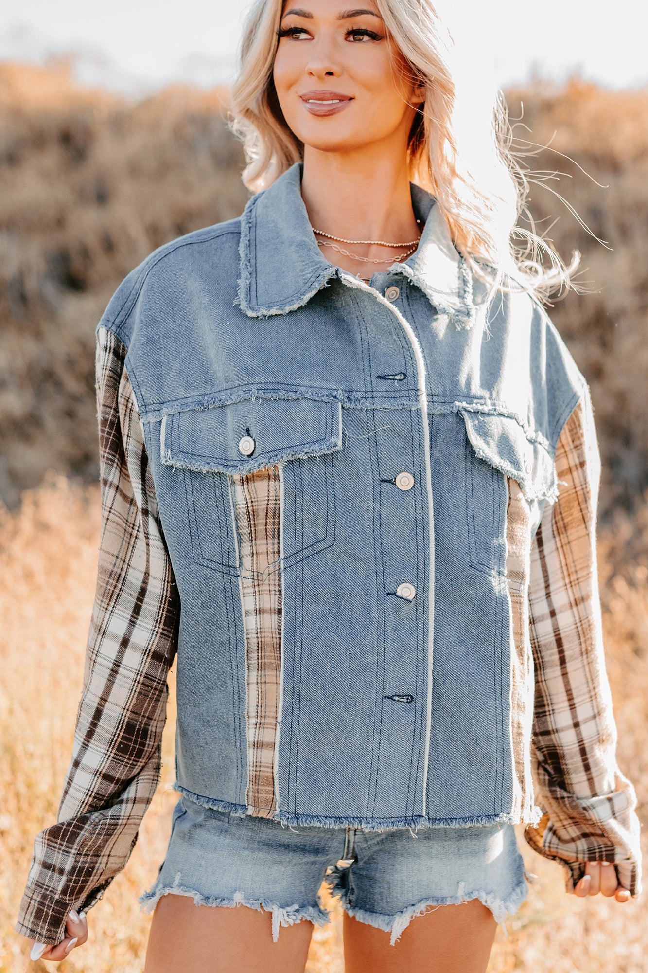 Daily Mode Plaid Denim Mix Jacket (Taupe Blend) - Image 9