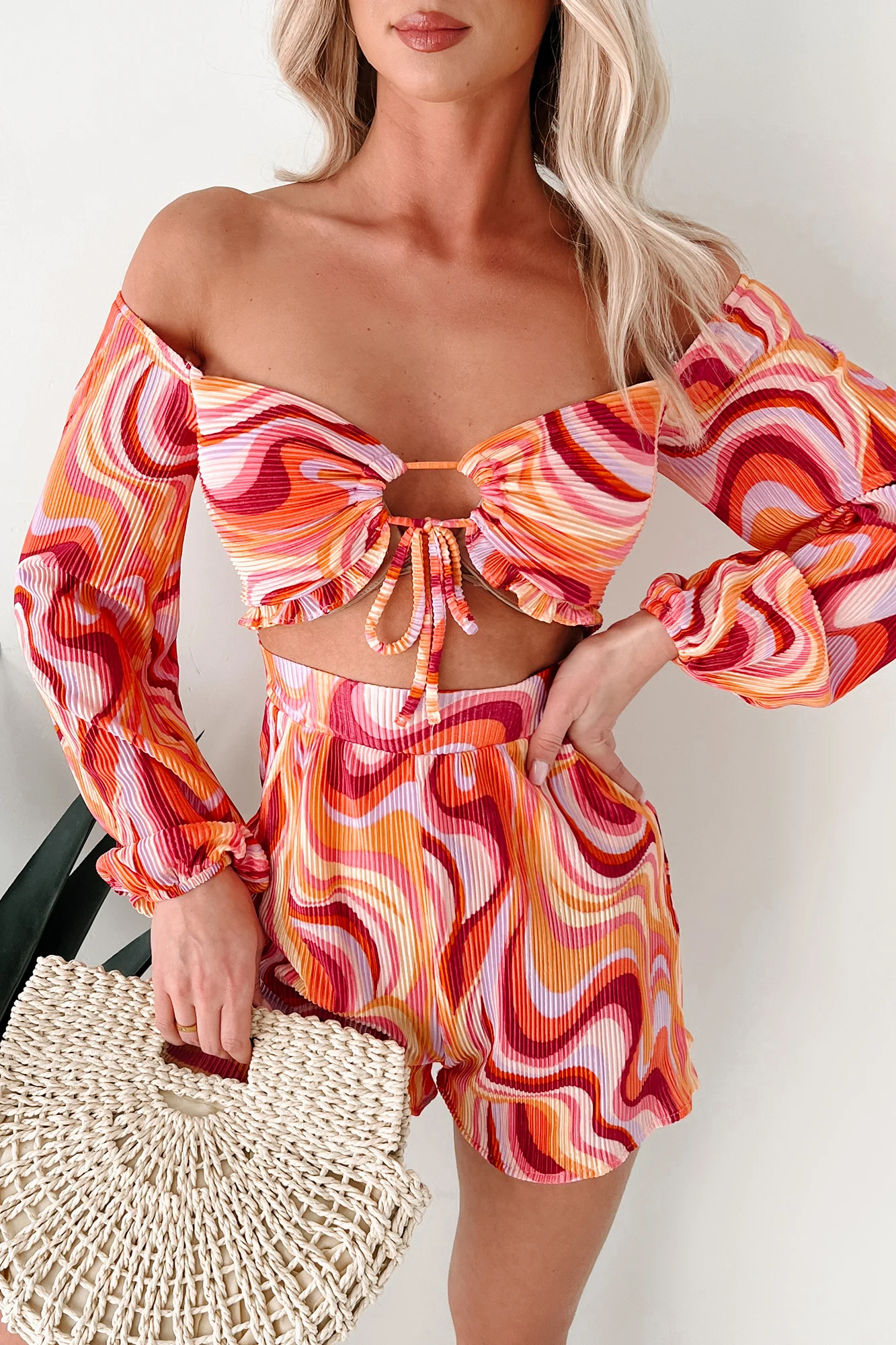 Dance The Night Away Pleated Long Sleeve Romper (Pink/Multi) - Image 5