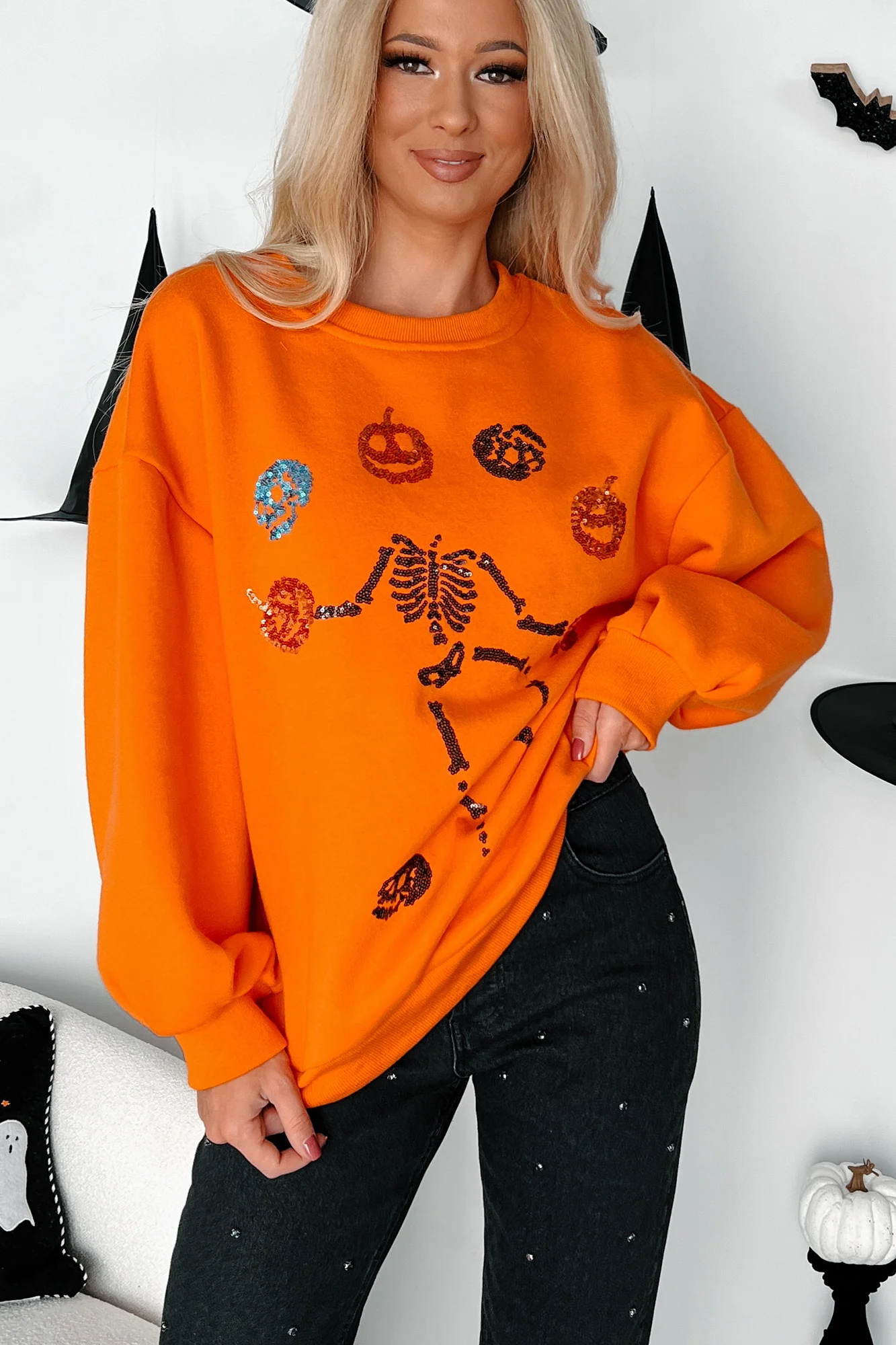 Dancing Critters Sequin Halloween Crewneck (Pumpkin) - Image 2