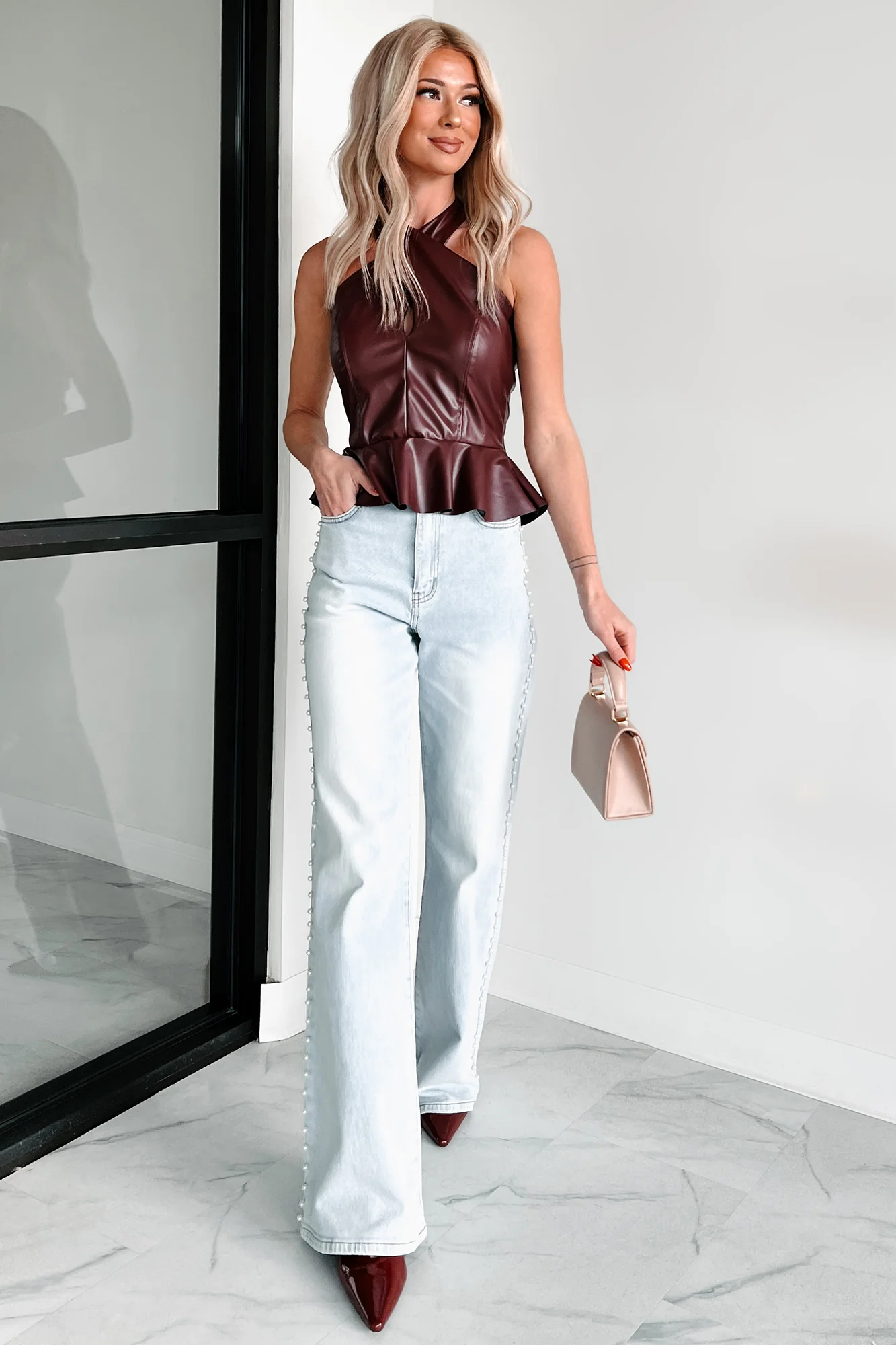 Dangerous Temptation Faux Leather Halter Top (Burgundy) - Image 2