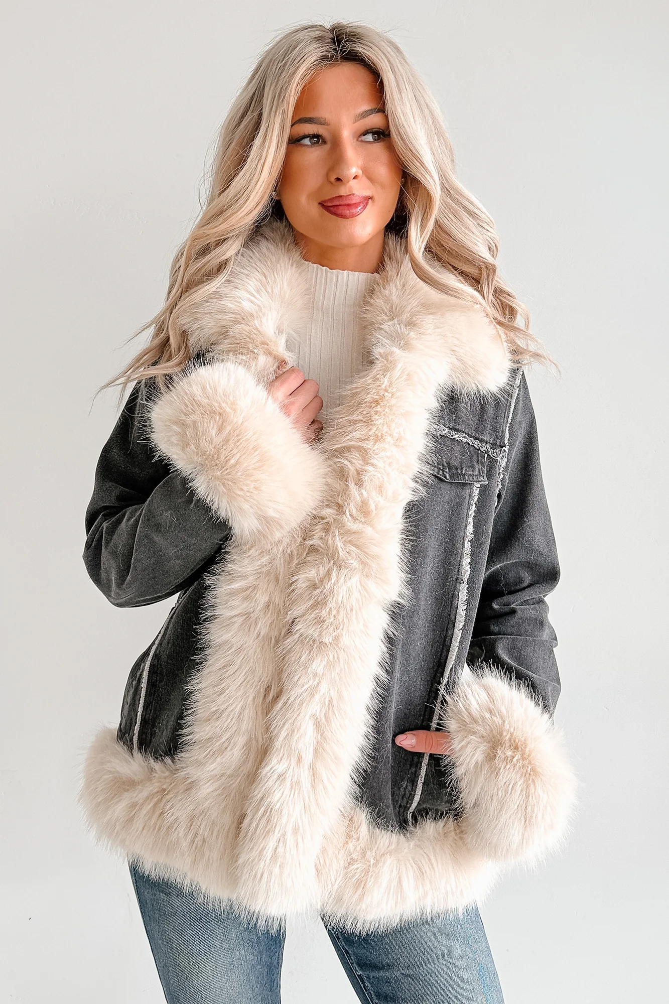 Daring Daily Faux Fur Trim Denim Coat (Black/Beige) - Image 6