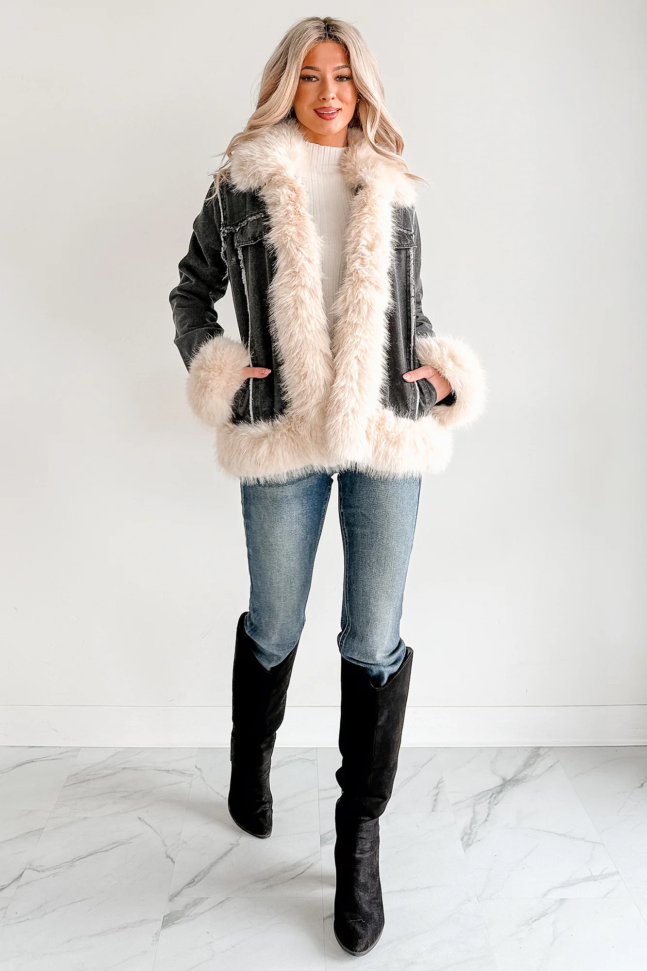 Daring Daily Faux Fur Trim Denim Coat (Black/Beige) - Image 8