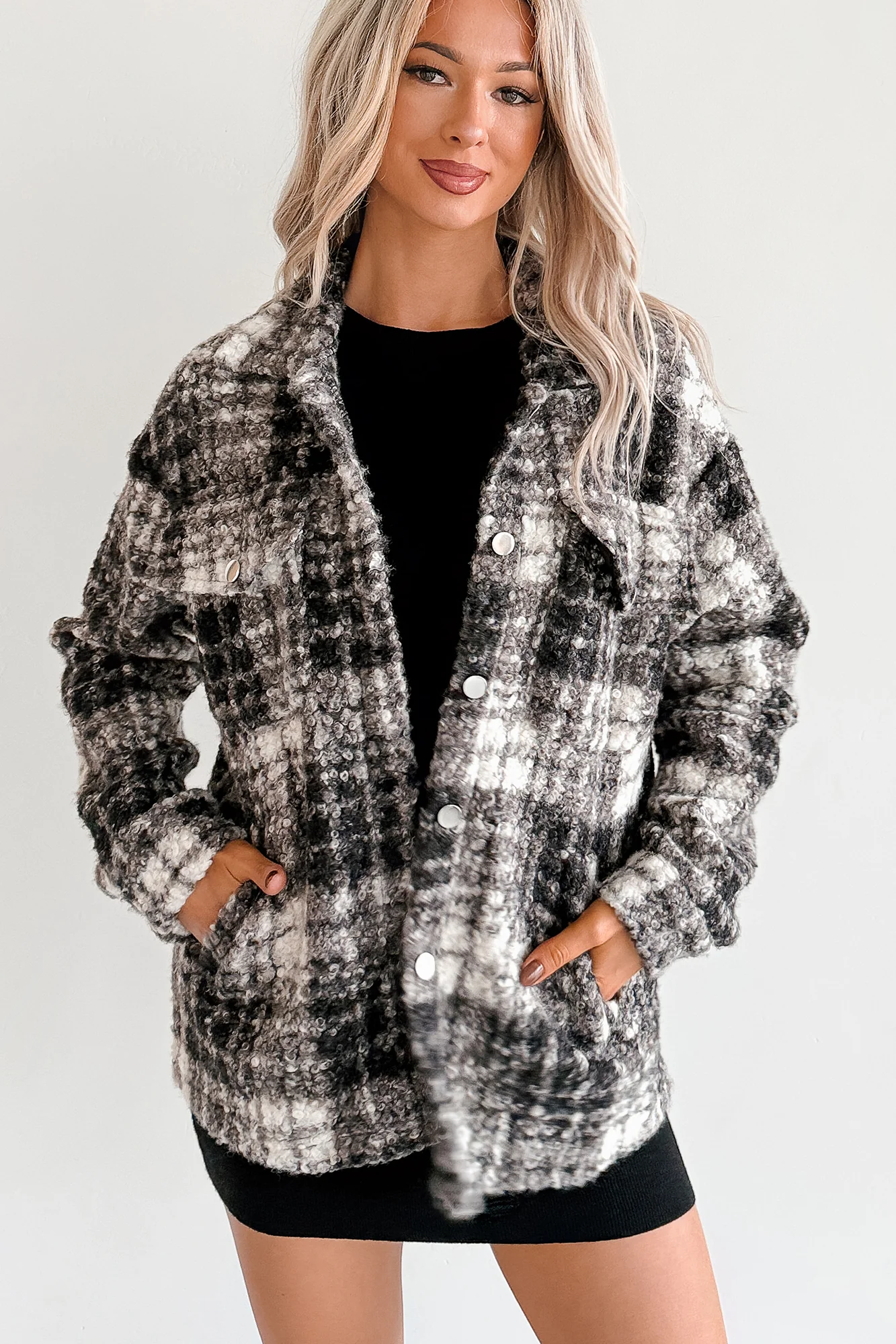 Deadline Driven Plaid Boucle Button-Up Jacket (Black) - Image 2
