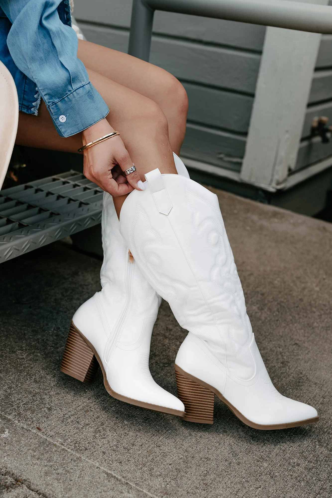 Didn't Come To Play Faux Leather Cowgirl Boots (White)