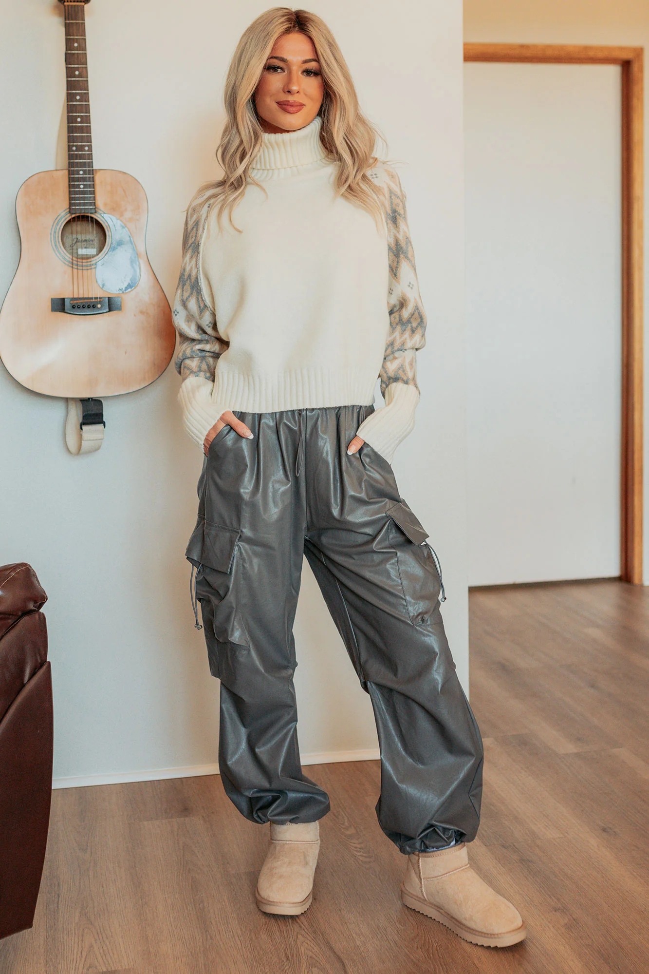Don’t Be Shy Faux Leather Cargo Pants (Grey) - Image 10