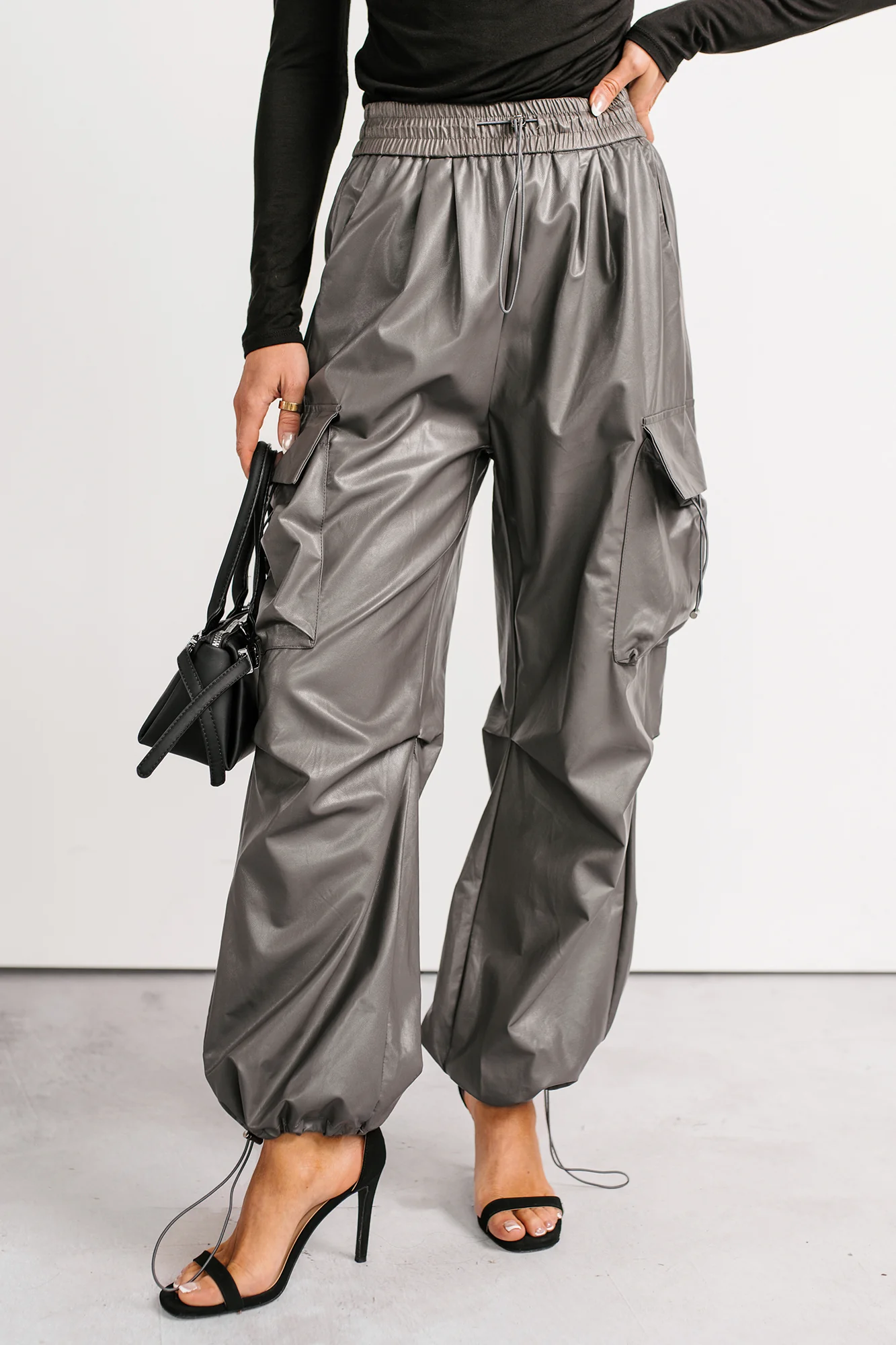 Don’t Be Shy Faux Leather Cargo Pants (Grey) - Image 2