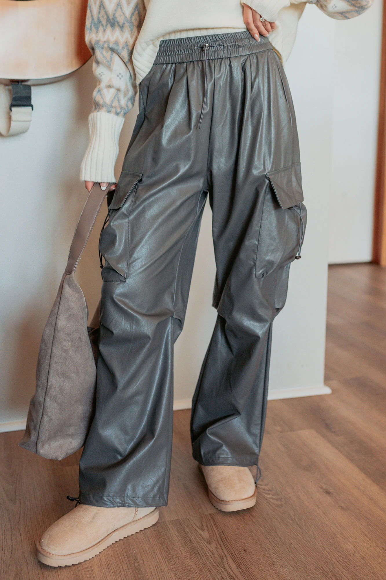 Don’t Be Shy Faux Leather Cargo Pants (Grey) - Image 3