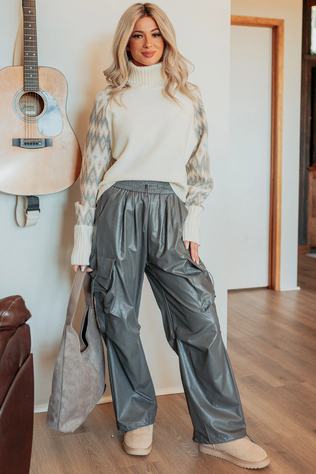 Don’t Be Shy Faux Leather Cargo Pants (Grey) - Image 9