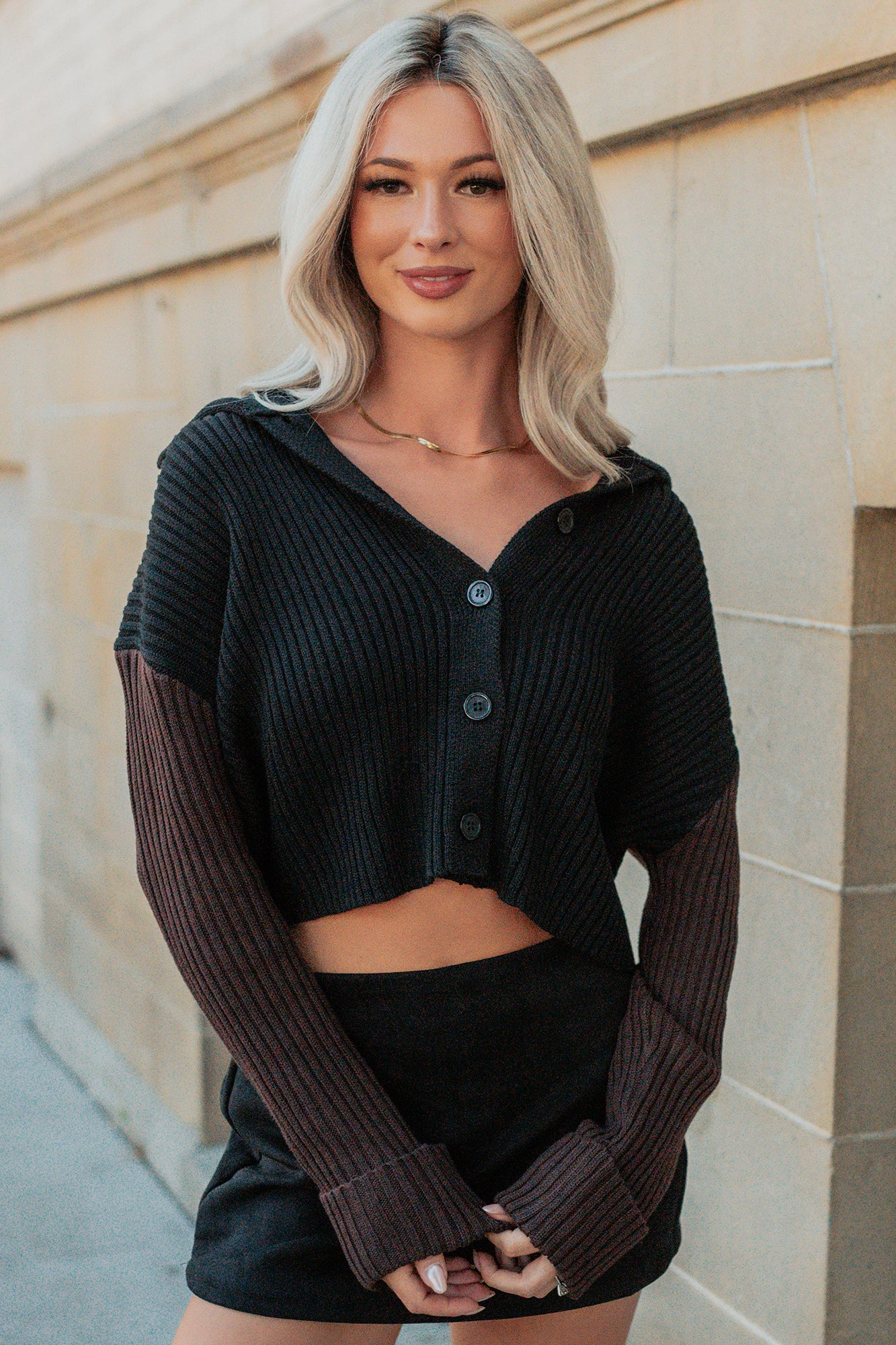 Dream Mirage Contrast Sleeve Cardigan Sweater (Black) - Image 3