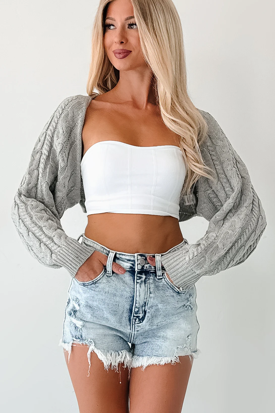 Ease Your Mind Cable Knit Bolero Shrug (Heather Grey) - Image 8