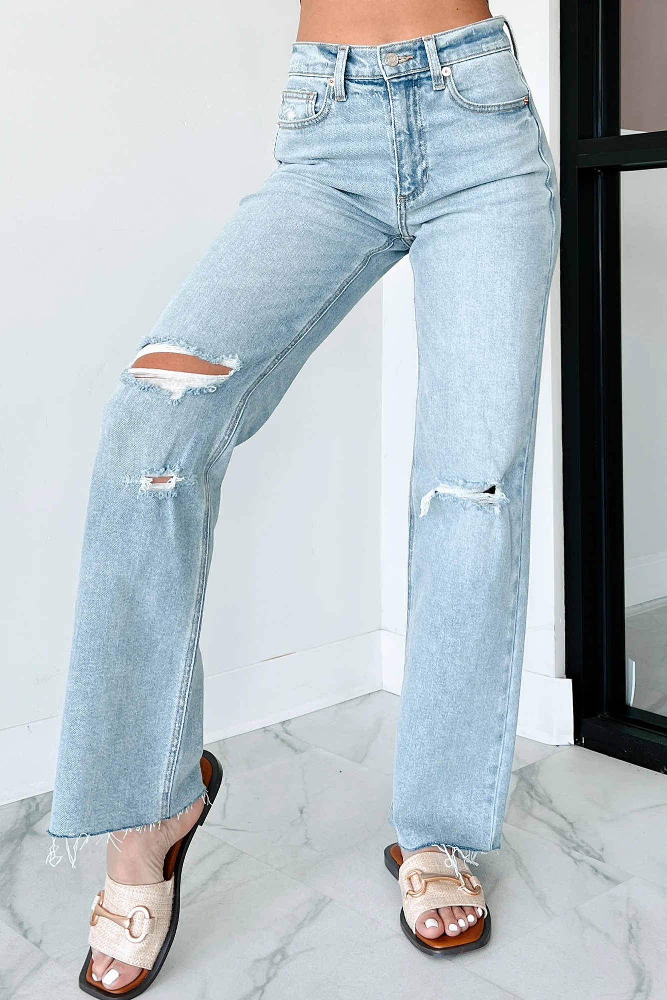 Enid High Rise Distressed Sneak Peek Straight Leg Jeans (Medium Light) - Image 5