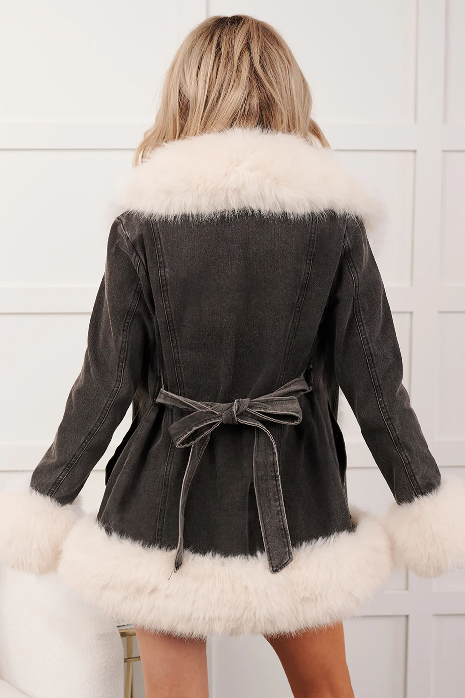 Ever So Chic Fur Trim Denim Jacket (Washed Black) - Image 8