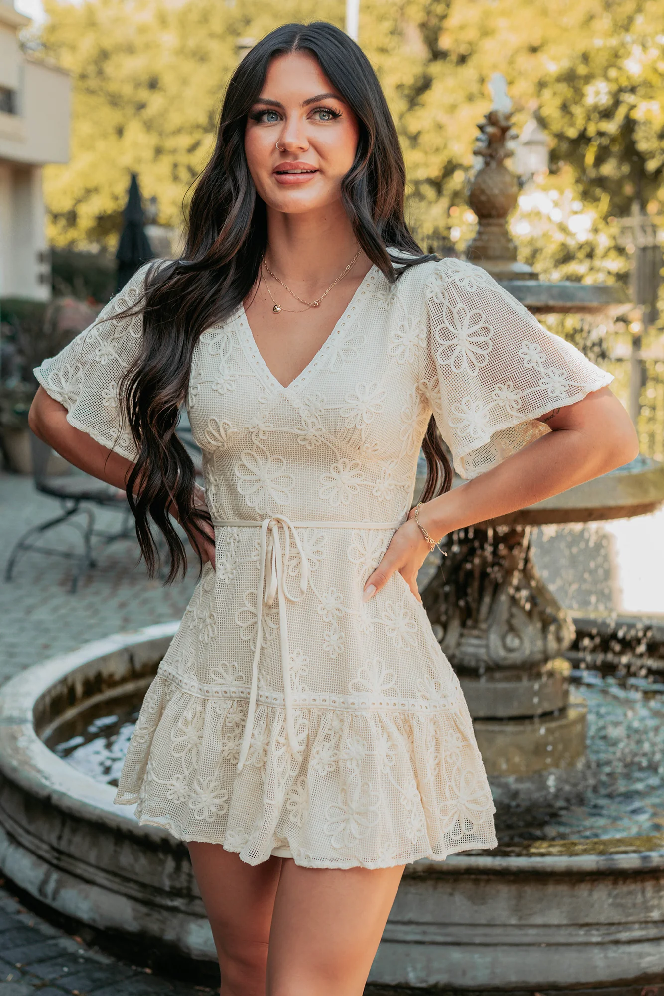 Feeling Charming V Neck Floral Mini Dress (Cream) - Image 2