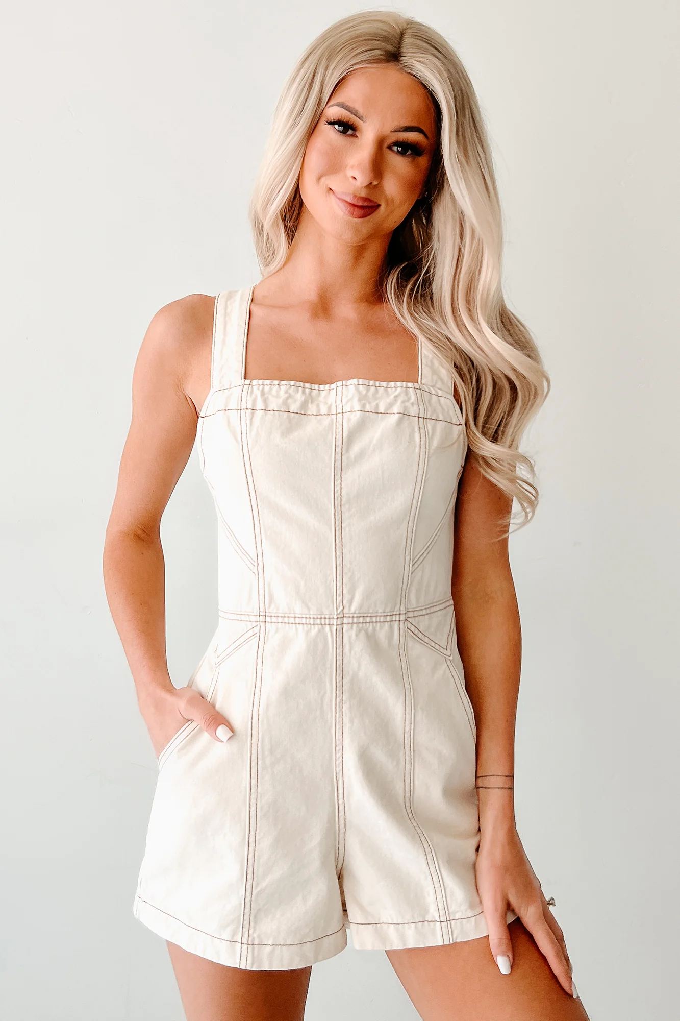 Feminine Glow Sleeveless Denim Romper (Oatmeal) - Image 6