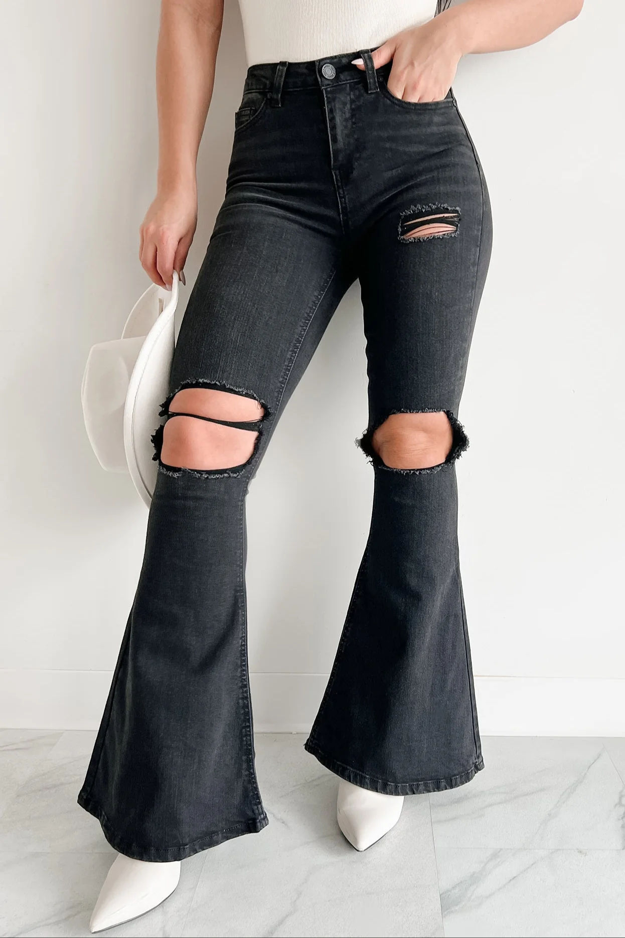 Finnick High Rise Distressed Indigo Reign Flare Jeans (Black) - Image 2