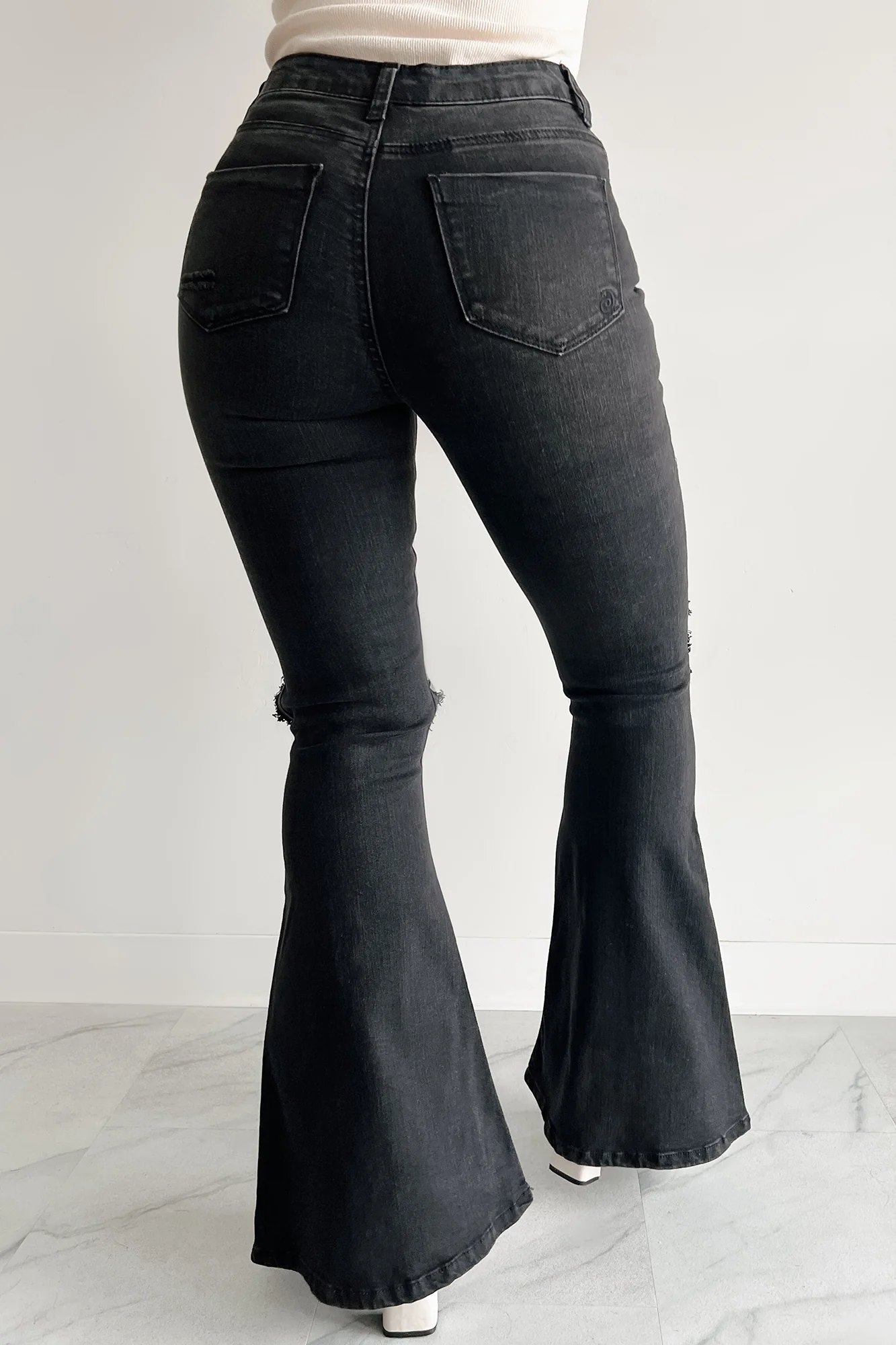 Finnick High Rise Distressed Indigo Reign Flare Jeans (Black) - Image 6
