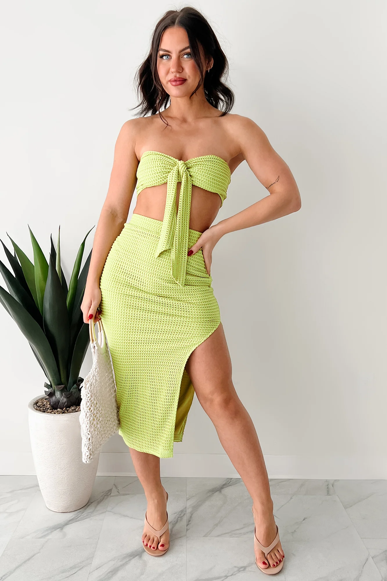 Flawlessly Loud Textured Knit Bandeau & Skirt Set (Kiwi)