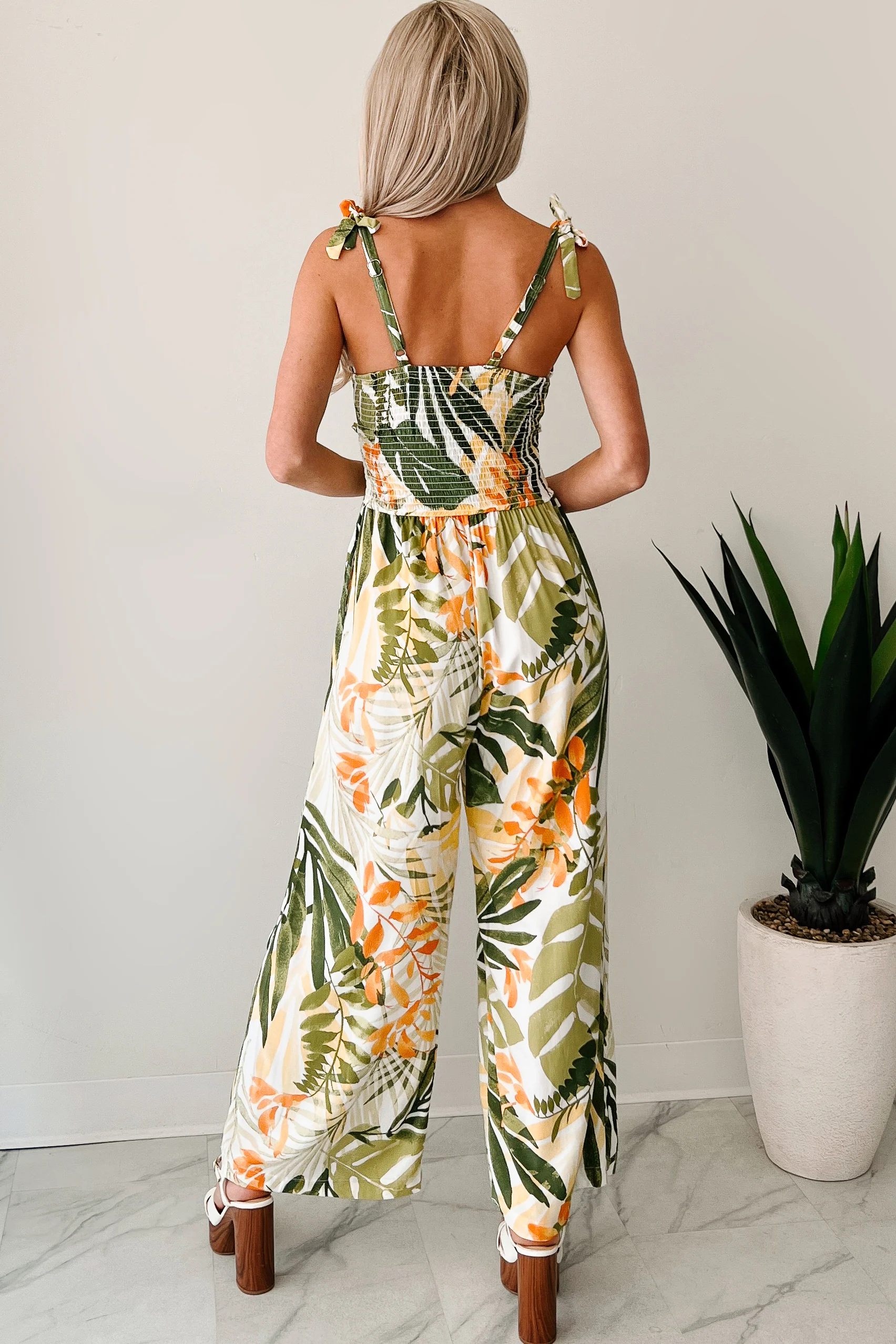 Flirt With Life Smocked Tropical Jumpsuit (Ivory/Green) - Image 3