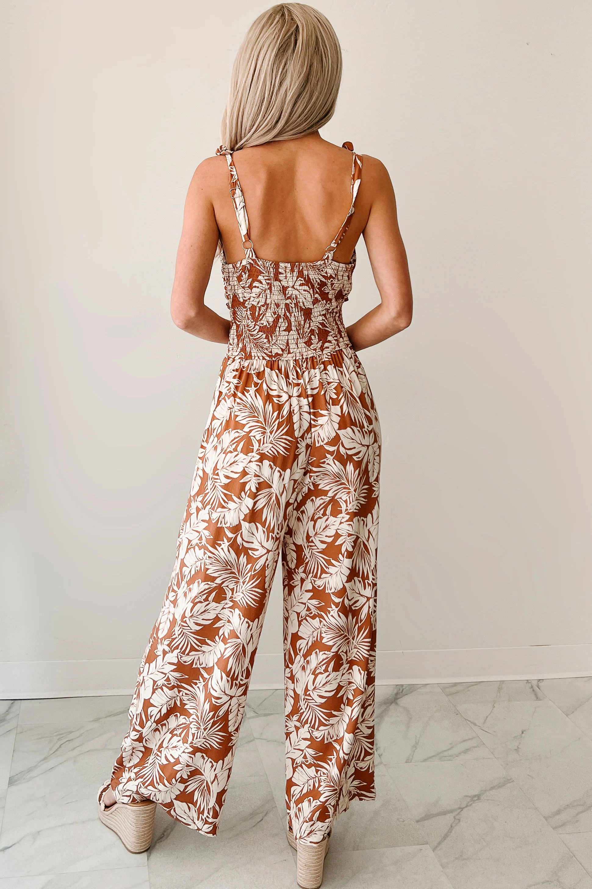 Flirt With Life Smocked Tropical Jumpsuit (Rust/Ivory) - Image 2